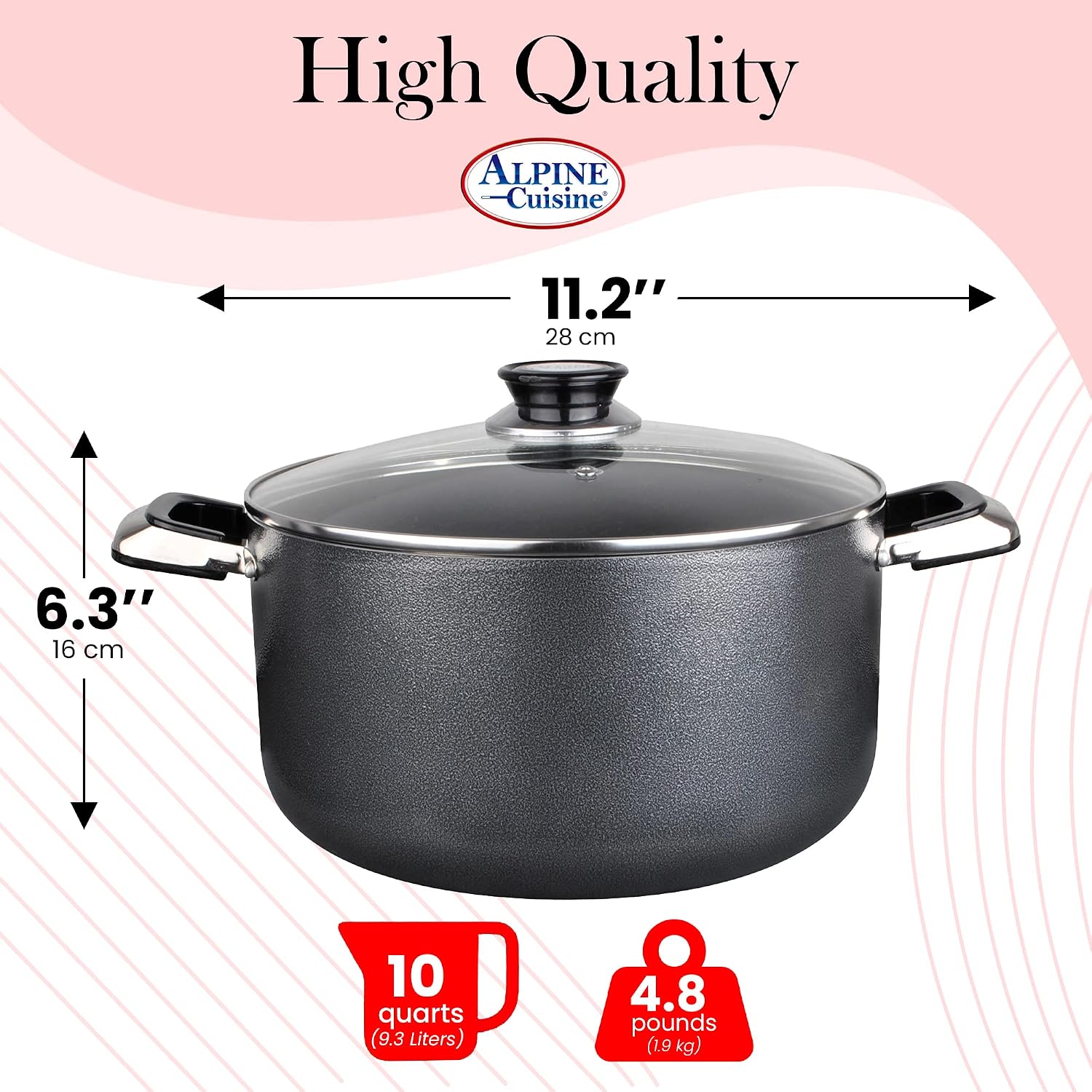 Alpine Cuisine 4 Quart Non-stick Stock Pot with Tempered Glass Lid and Carrying Handles, Multi-Purpose Cookware Aluminum Dutch Oven for Braising, Boiling, Stewing