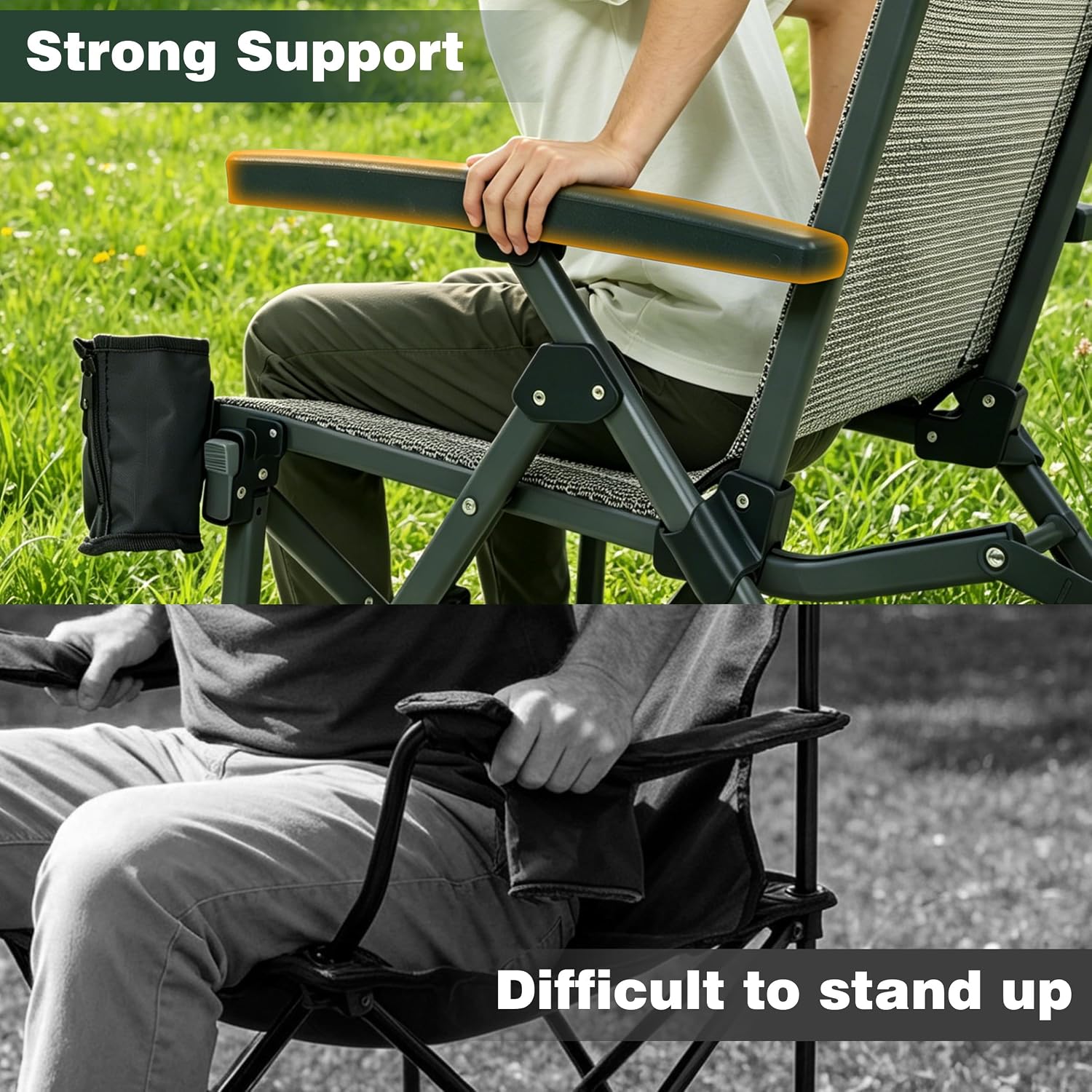 SUNNYFEEL High Back Folding Camping Chair 500 lbs with Aluminum Frame, Grey | Ergonomic Back Support, High-Resilience Fabric & Uv-Rated, Detachable Cup Holder and Carry Bag for Camping, Beach, RV, Patio