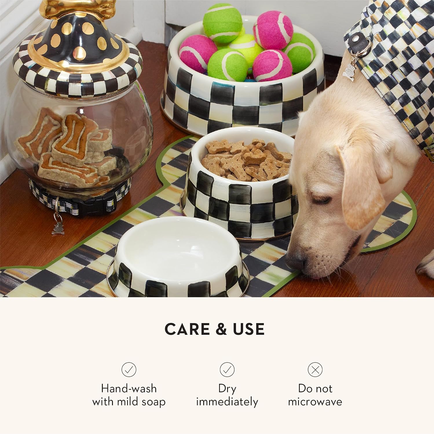MACKENZIE-CHILDS Enamel Pet Dish, Large, Black-and-White Courtly Check | Decorative cat and dog bowl for food and water, 40-ounce capacity