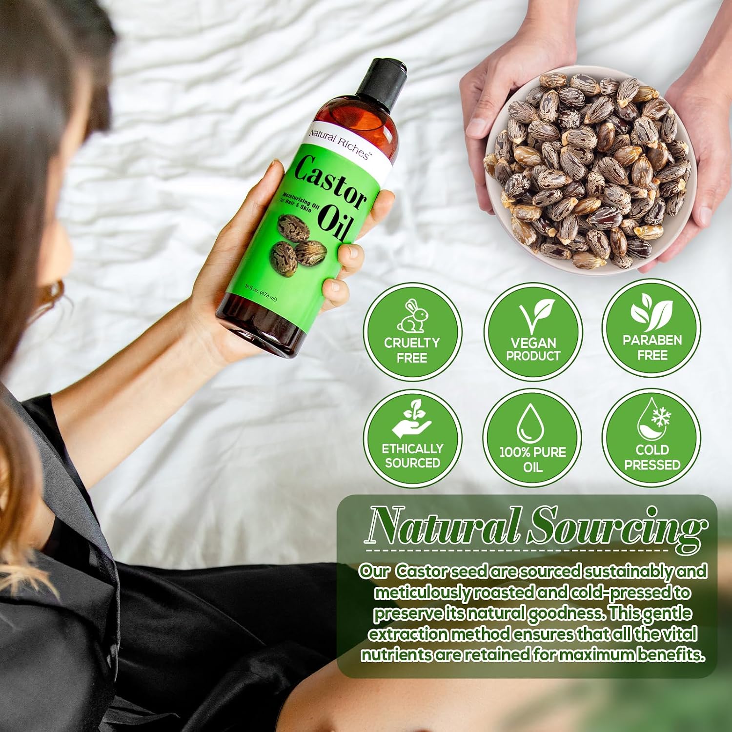 Natural Riches Castor Oil Cold pressed for Dry Skin Hair Loss Dandruff Thicker Hair - Moisturizes heals Scalp Skin Hair growth Thicker Eyelashes & Eyebrows