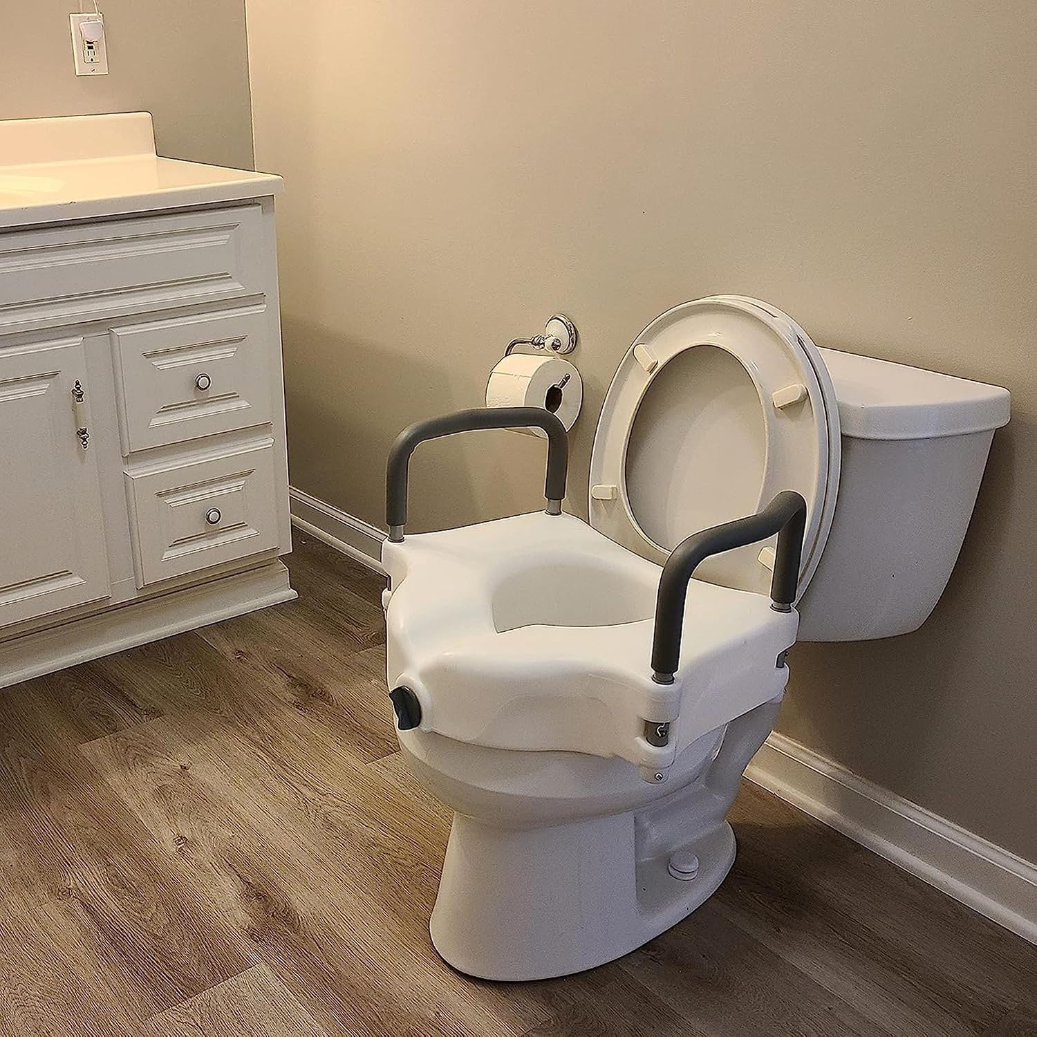 ProBasics E-Z Lock Raised Toilet Seat with Handles, 4.5" Toilet Seat Riser with Arms, Fits Most Elongated and Round Toilets, 17" Seat Width & Height