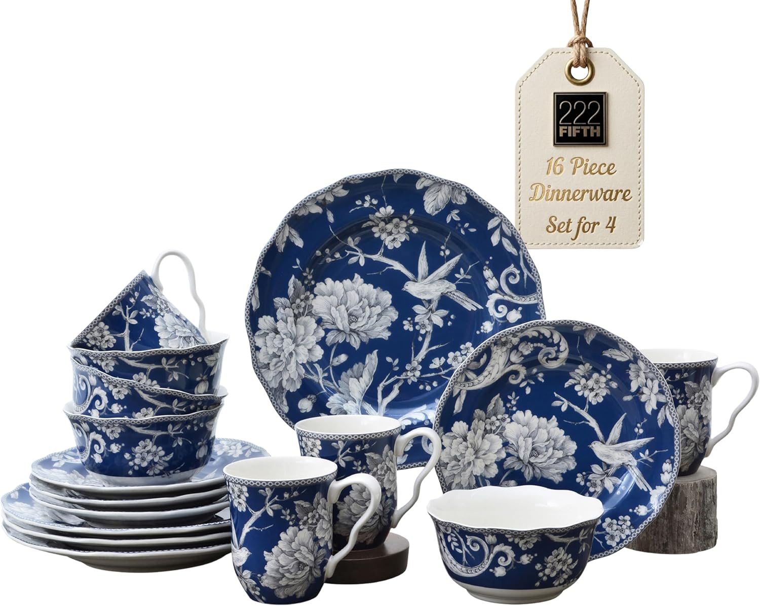 222 Fifth Adelaide 16-Piece Black Porcelain Dinnerware Set – Service for 4, Featuring Hand-Applied Romantic Woodland Bird Design