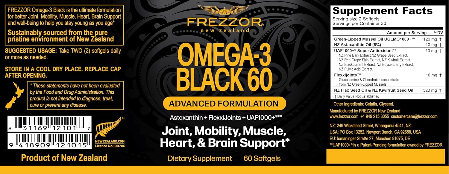 FREZZOR Omega 3 Black for Joint Care & Comfort - New Zealand Green Lipped Mussel Oil Capsules; 53x Higher Potency with UAF1000+ Super Antioxidant, No Fishy Aftertaste, 1-Pack, 60 Softgels