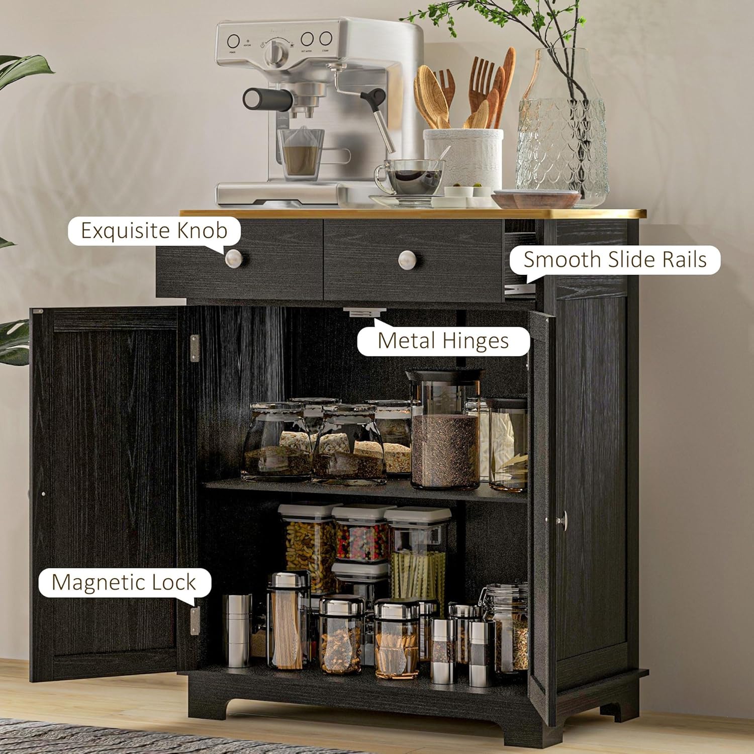 HOMCOM Sideboard Buffet Cabinet Solid Wood Countertop White