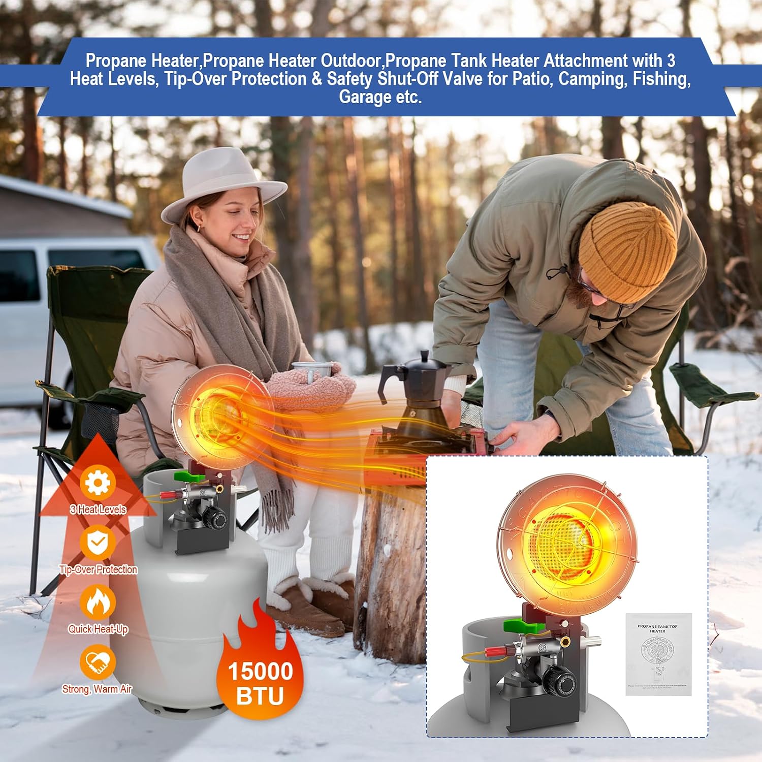 30000 BTU Propane Heater Outdoor, Propane Tank Heater Attachment Double Tank Top Radiant Gas Heater With Tip-Over Protection, 3 Heat Settings, Safety Shut-Off Valve for Patio,Camp,Fish,Garage.