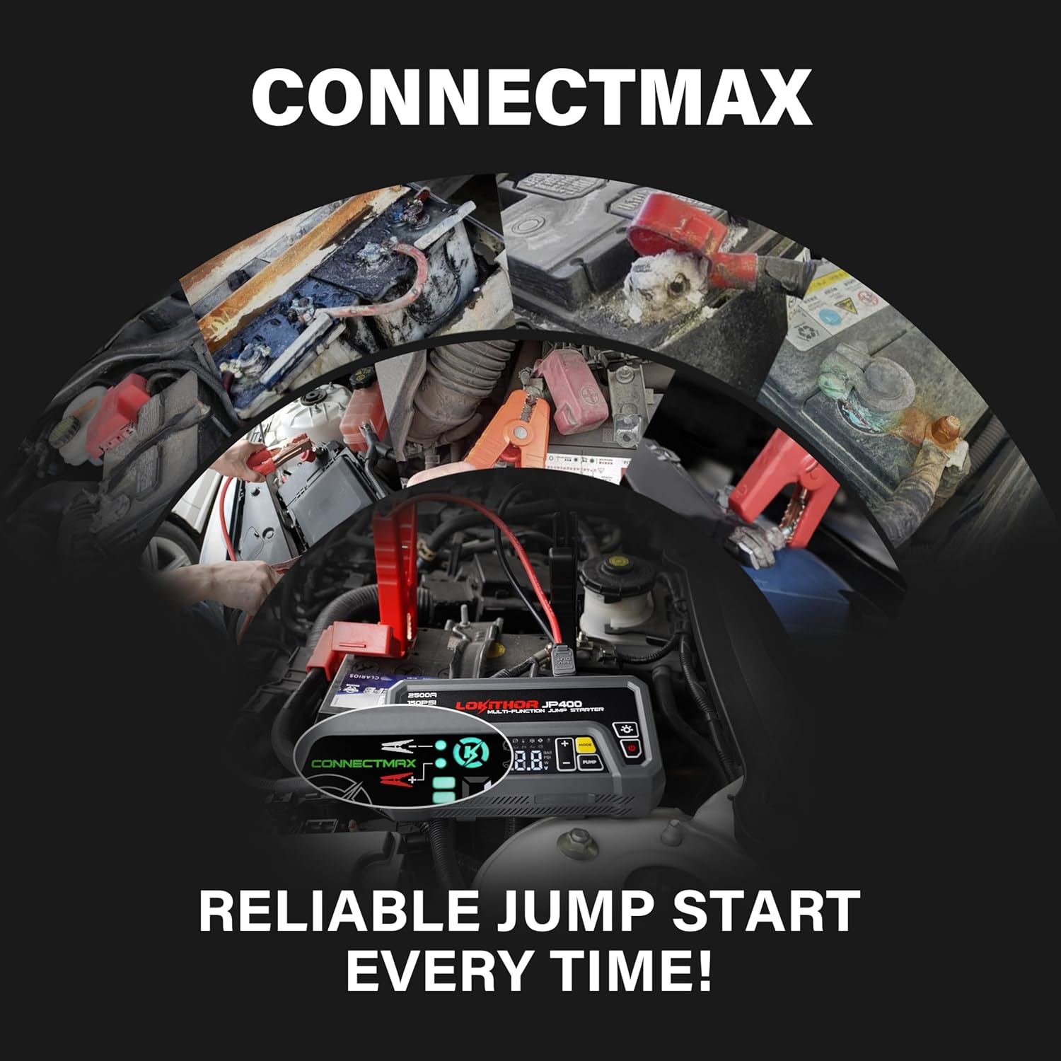 LOKITHOR JP400 Jump Starter with Air Compressor for 8.5L Gas/6.5L Diesel | 2500A 12V Portable Jumper Starter for Car, 150PSI Tire Inflator, 300 Lumen LED Light, Power Bank, ConnectMax, Jumper Cables