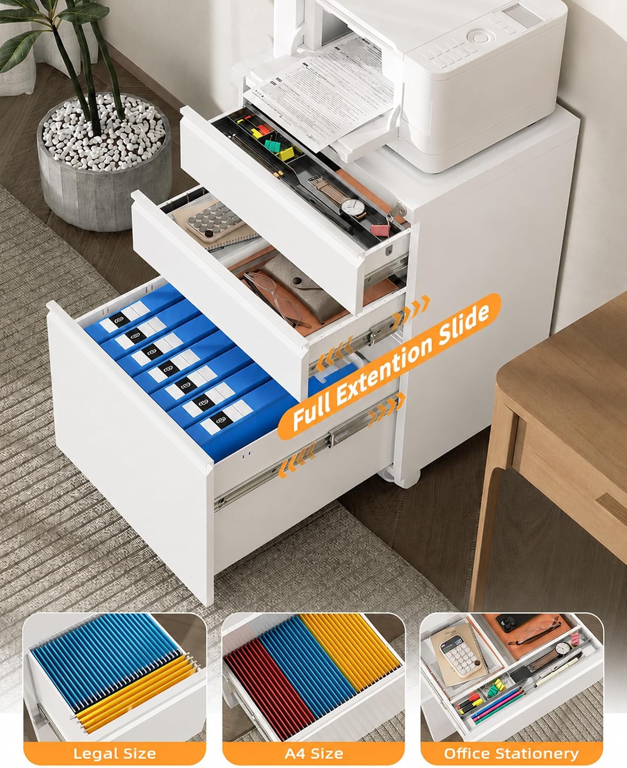 3 Drawer Mobile File Cabinet with Lock, Under Desk Metal Filing Cabinet for Letter/Legal/A4 Size, Fully Assembled Except Casters, Rolling Office Organizer for Home Office, Black