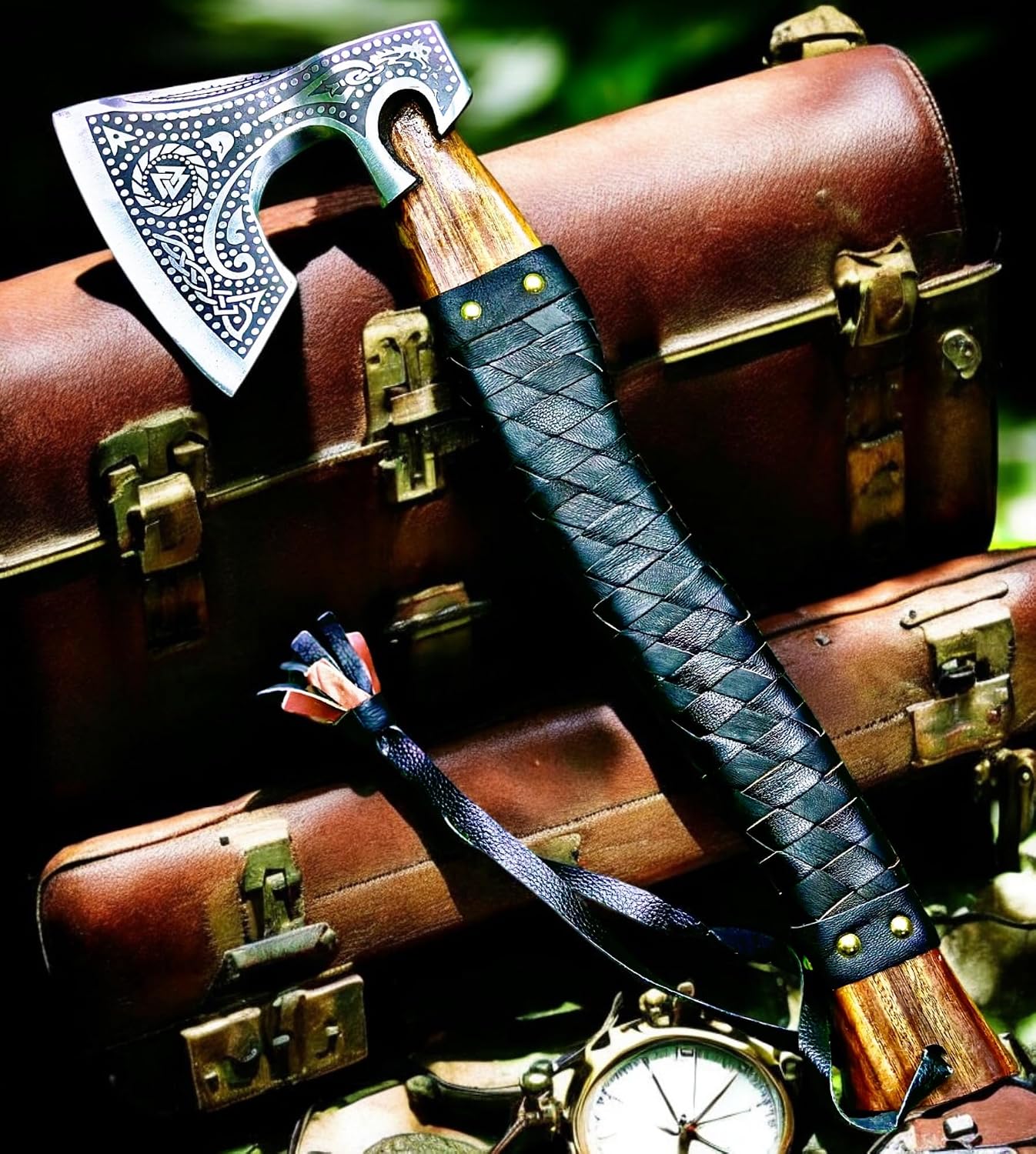 Poshland AX-7000 Custom Gift Forged Carbon Steel Viking Axe with Rose Wood Shaft, Viking Bearded Camping Axe