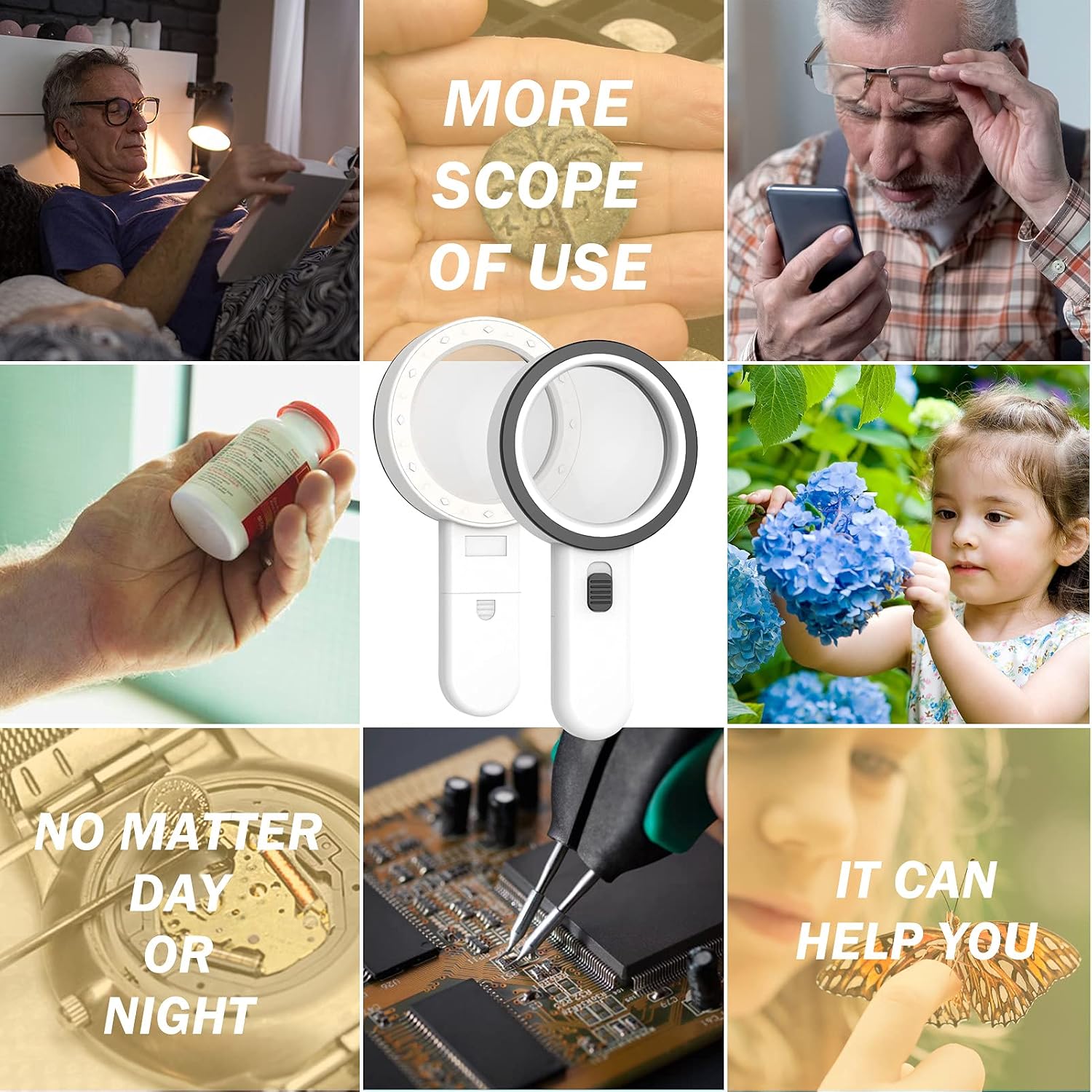 AIXPI Magnifying Glass with Light, Double-Layer Glass Lens Handheld Large Magnifying Glass 12 LED Lighted Magnifier for Seniors Reading, Coins
