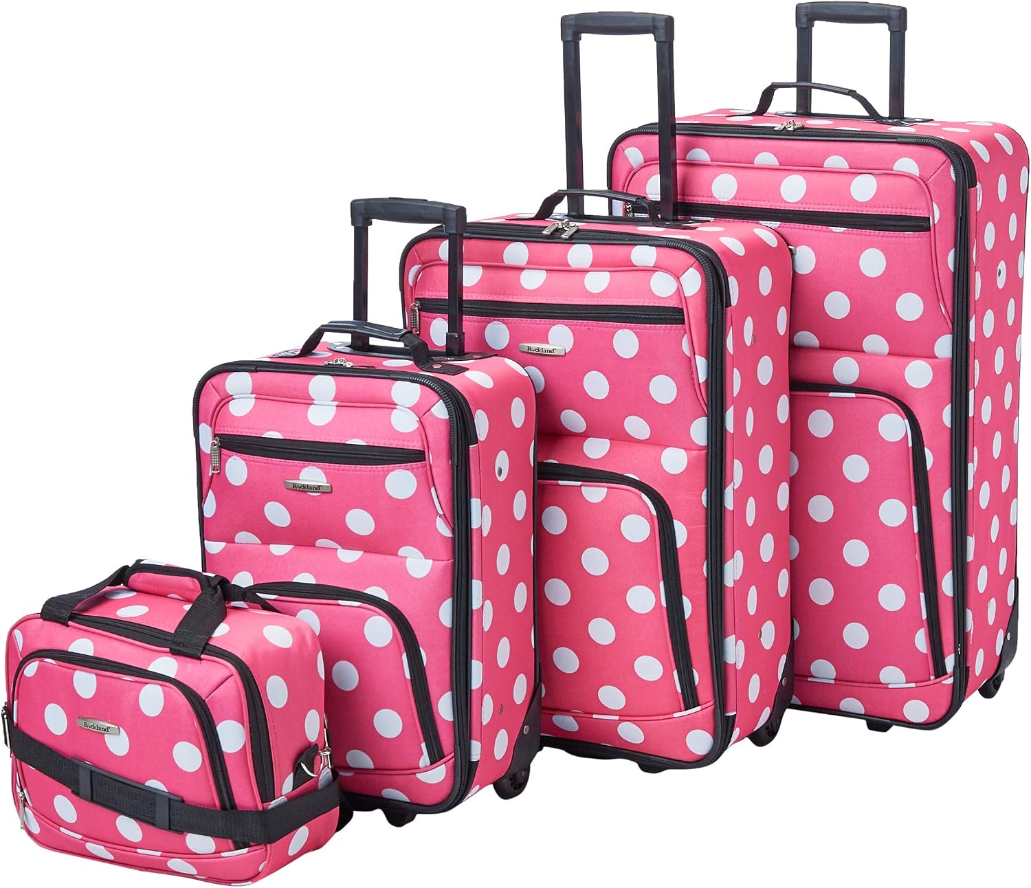 Rockland Fashion Softside Upright Luggage Set,Expandable, Telescopic Handle, Wheel, Black Dot, 2-Piece (14/19)