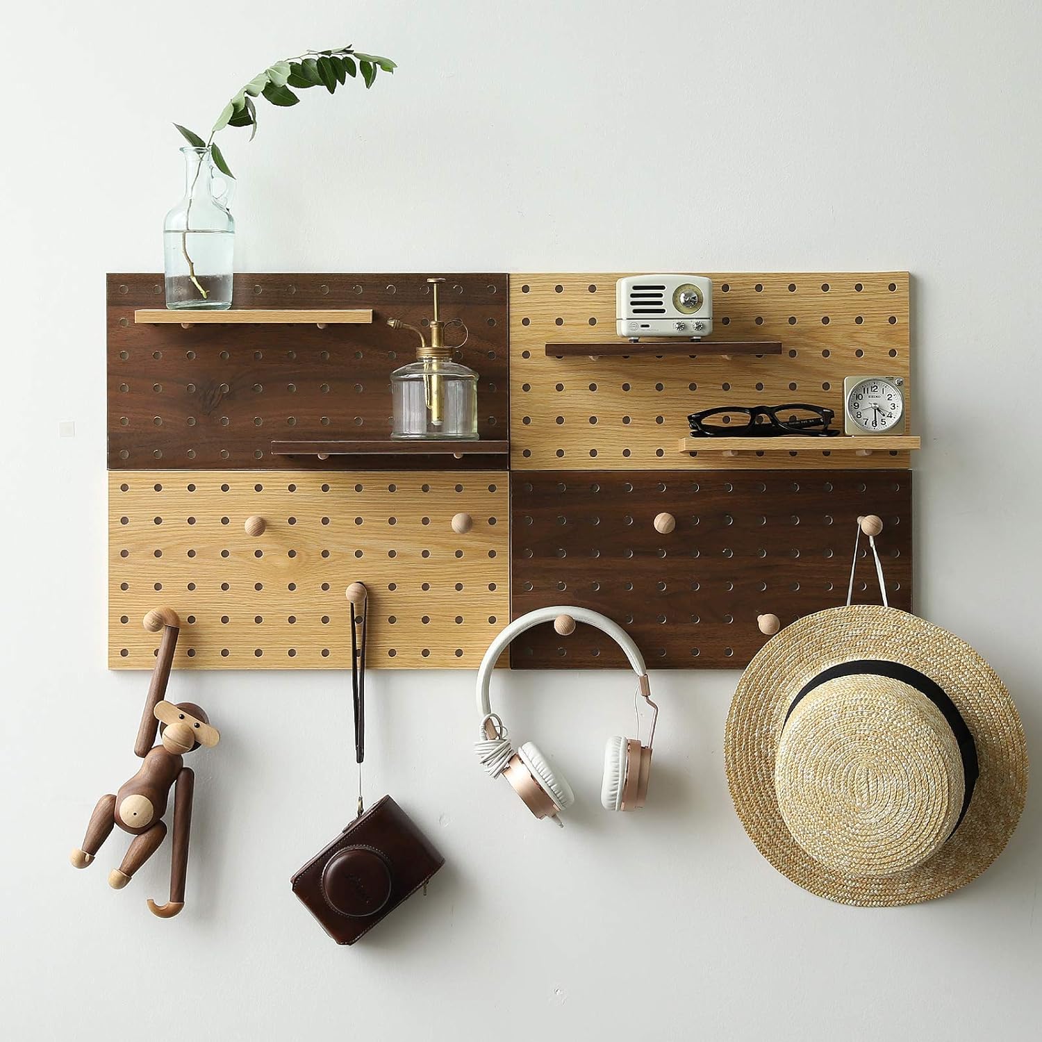 Wooden Pegboard Modular Display Organization Storage Wall Hooks Shelf(Color:Oak)