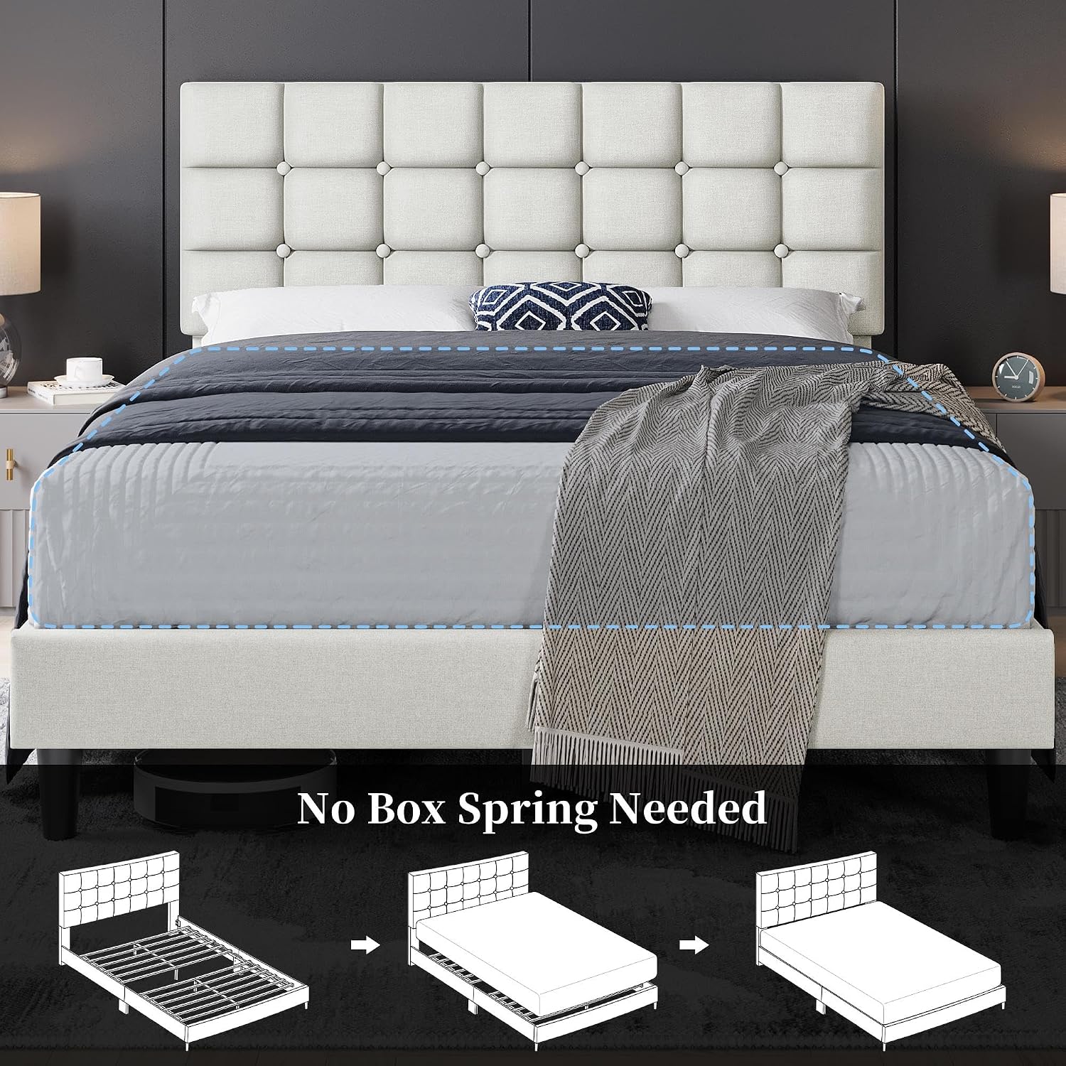 Yaheetech Full Size Upholstered Tufted Bed Frame with Headboard, Dark Gray | Sturdy engineered wood frame with linen fabric upholstery features a soft tufted headboard for easy assembly and support