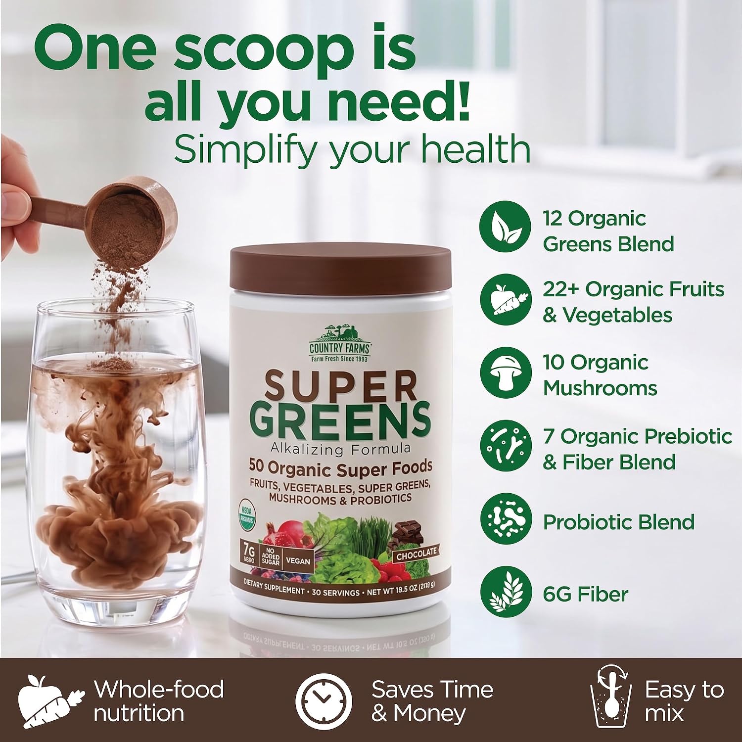 Country Farms Organic Super Greens Powder, Daily Greens Drink Mix with 50 Organic Superfoods, Fruits, Vegetables, Fiber, Mushrooms & Probiotics for Gut Health, Digestion & Energy, Berry Flavor