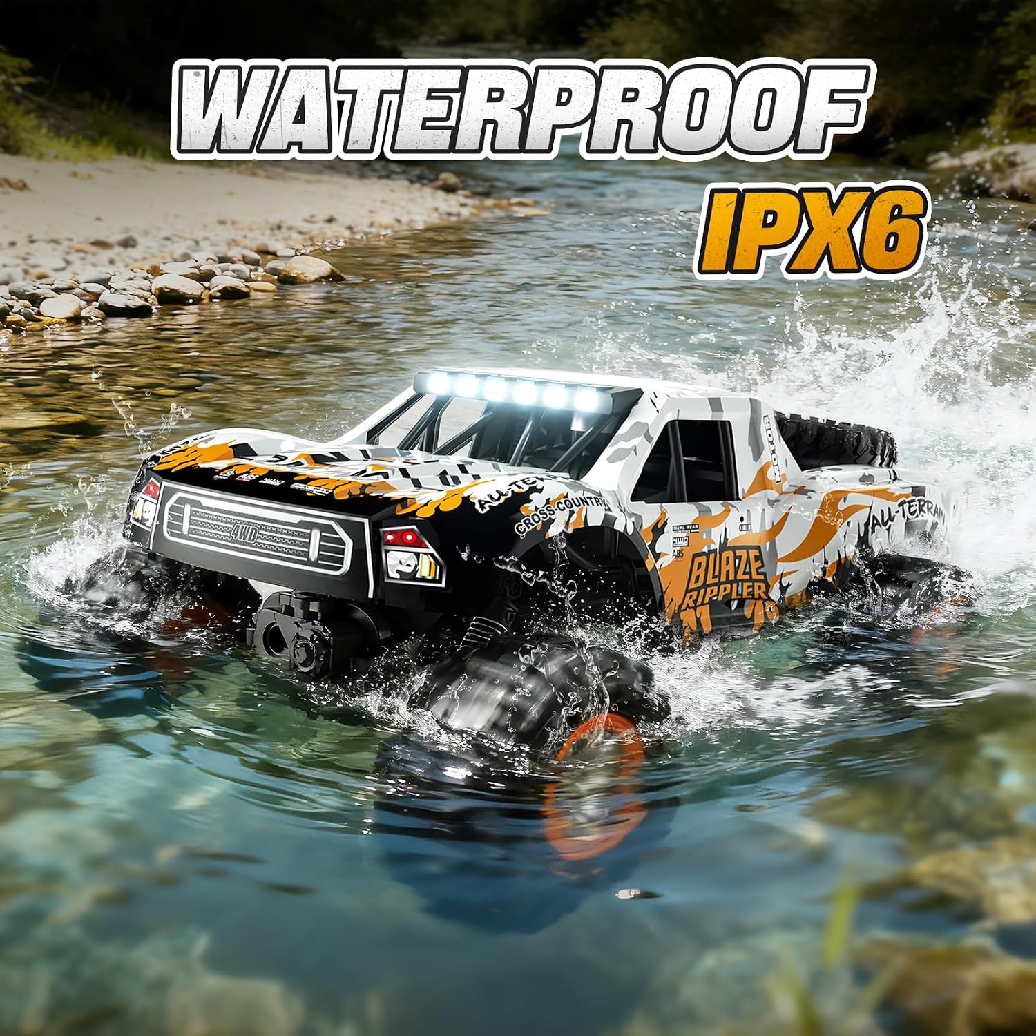 1:10 Amphibious Remote Control Car, 2.4 GHz Waterproof Monster Truck Toys RC Cars, 4WD All Terrain Off-Road Pickup RC Trucks, 2 Batteries 60Mins Play