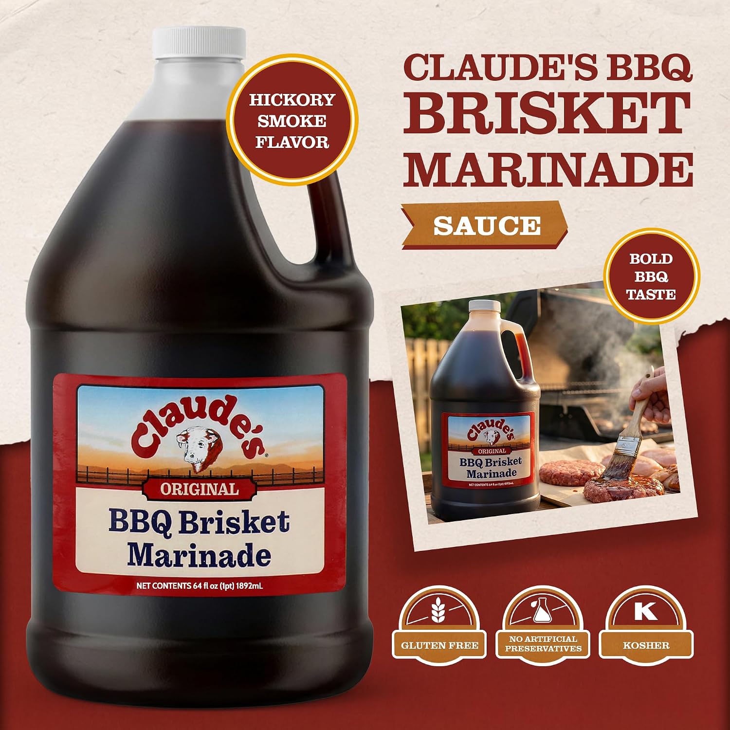 Claude's BBQ Brisket Marinade Sauce, Gluten Free Texas Style, 128 oz | Restaurant-size gallon of smoky Texas tenderizing brisket marinade - all natural & gluten free.