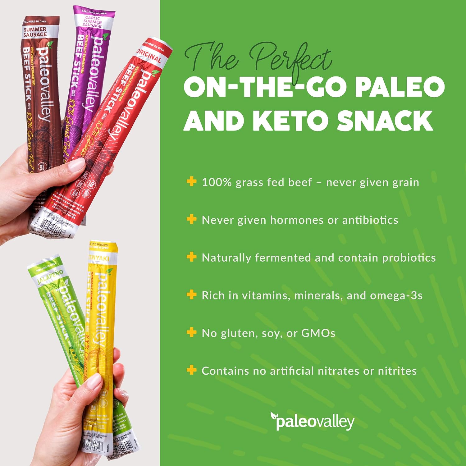 Paleovalley 100% Grass Fed Beef Sticks, Protein Snacks, Original | 10 Count, Individually Wrapped, Naturally Fermented, Gluten Free, Keto and Paleo, Made With Simple Ingredients, 6g Protein