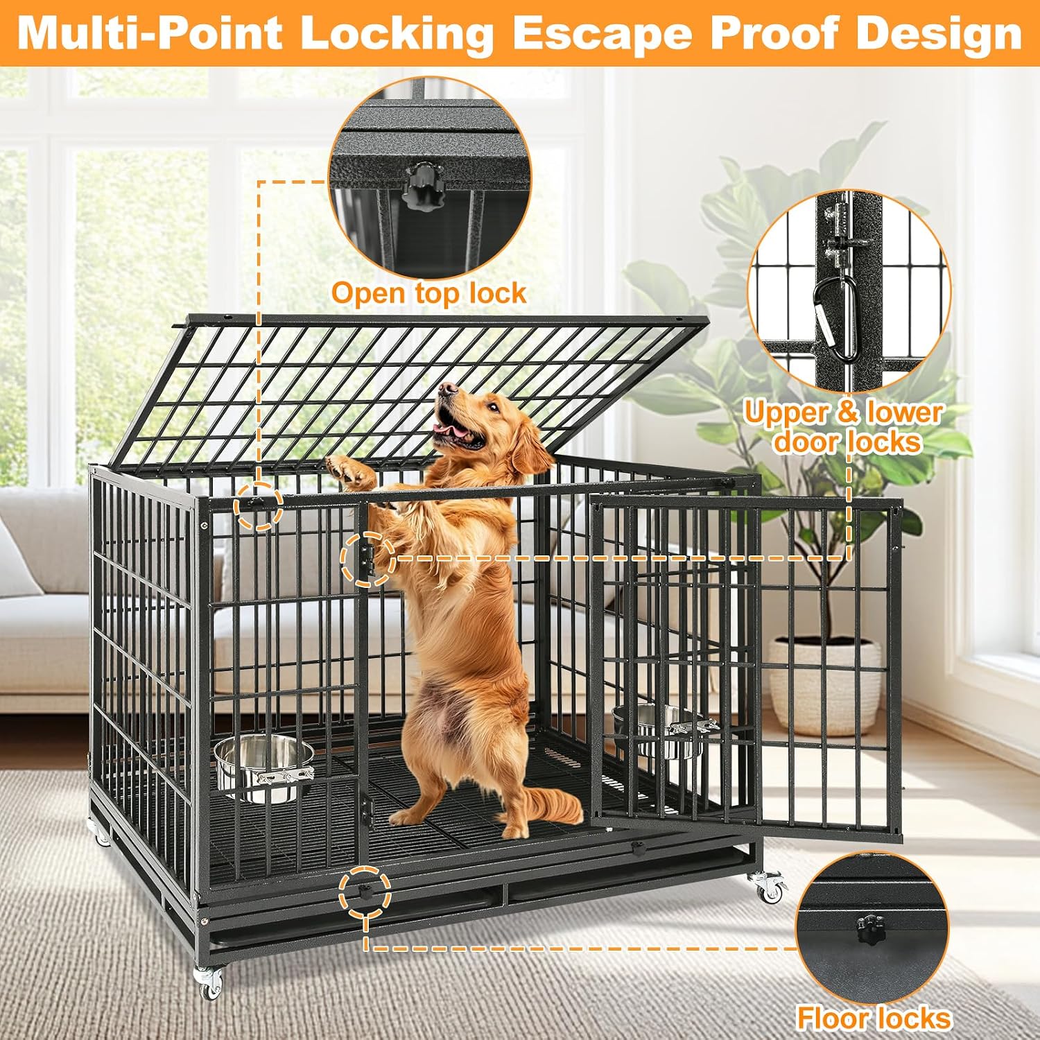 Homey Pet Taller 43" Heavy Duty Double Dog Crates with Divider & Dual Door | Drop Cage for Dogs with Lockable Wheels, Bowls, Removable Tray, Top Access, Ideal for Small to Medium & Large Dogs, Breeders