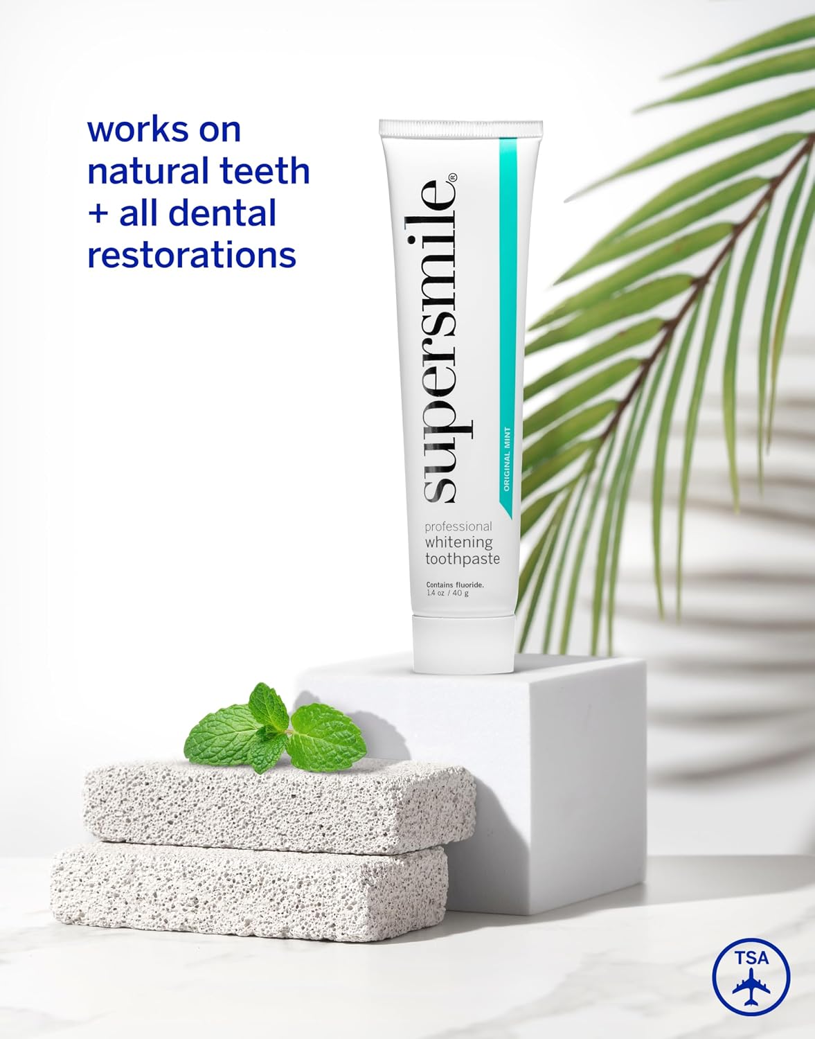 Supersmile Original Mint Whitening Toothpaste, 1.4 Oz, TSA Travel | Calprox® + Fluoride Travel Toothpaste, Whitens 3 Shades After 1 Day, Signature Wild Mint Flavor, Veneer Safe, RDA 65