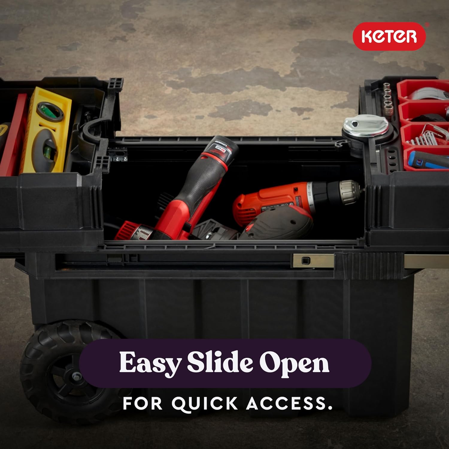 Keter Masterloader Resin Rolling Tool Box with Locking System and Removable Bins – Perfect Organization and Storage Chest for Power Drill, Tape Measure, and Screwdriver Set, Black | Black, Heavy Duty, Weatherproof, All Terrain Wheels, Durable, Easy Slide…