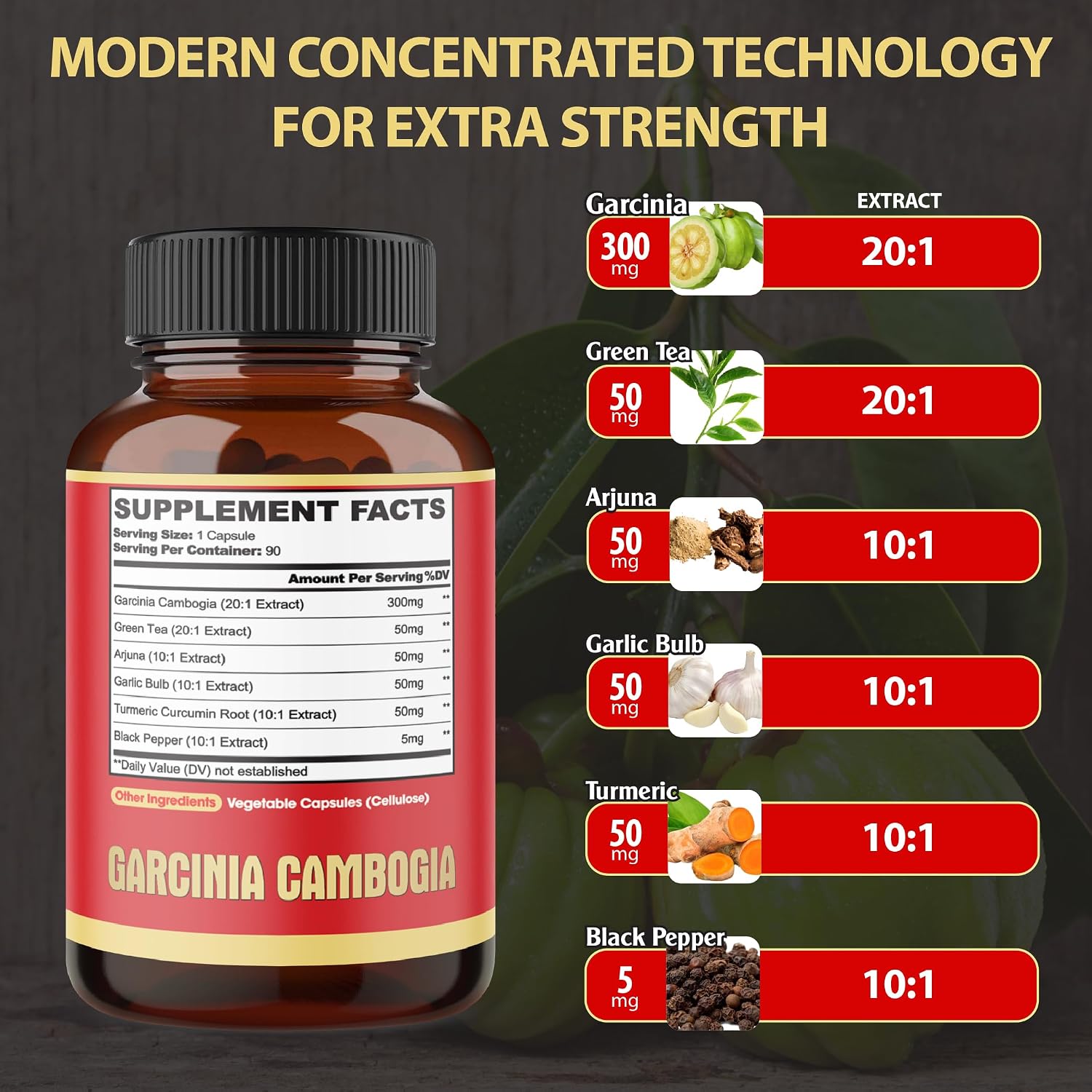 Pure Garcinia Cambogia Capsules - 6in1 with Green Tea, Arjuna, Garlic Bulb, Turmeric & Black Pepper - 90 Counts