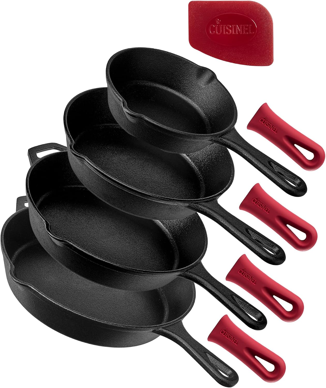 Cast Iron Skillet - 10"-Inch Frying Pan with Pour Spouts + Pan Scraper + Silicone Grip Handle Cover Holder - Pre-Seasoned Oven Cookware - Indoor/Outdoor Use - Stovetop, Induction. PFAS and PFOA-free