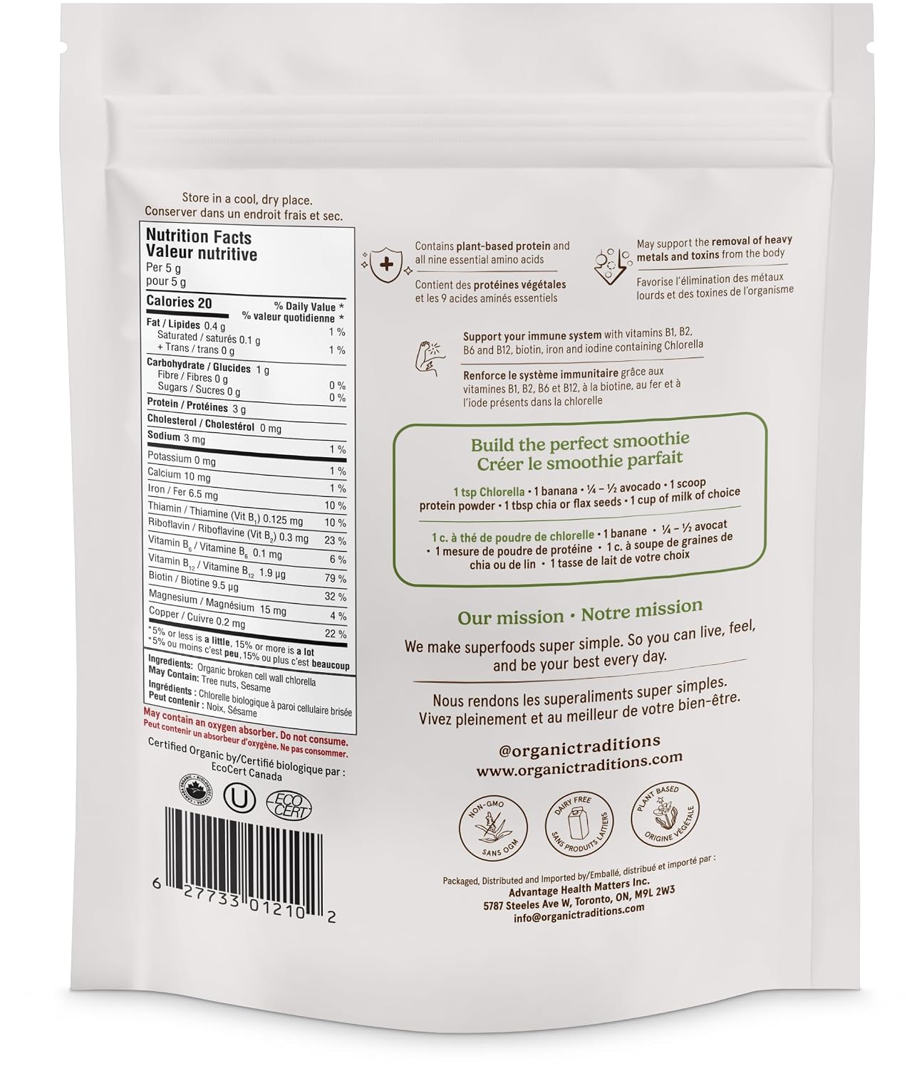 Organic Traditions Chlorella Algae Powder, Broken Cell Wall Formula, 5.3oz | Plant Based Protein and 9 Essential Amino Acids