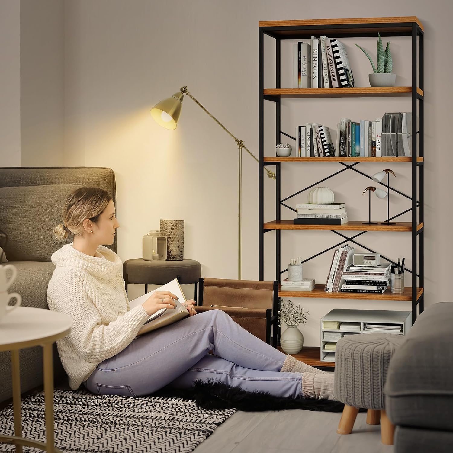 BATHWA Wood and Metal Minimalist 5 Tier Bookshelf, 6 feet Tall Open Rustic Wide Bookcase Industrial Style