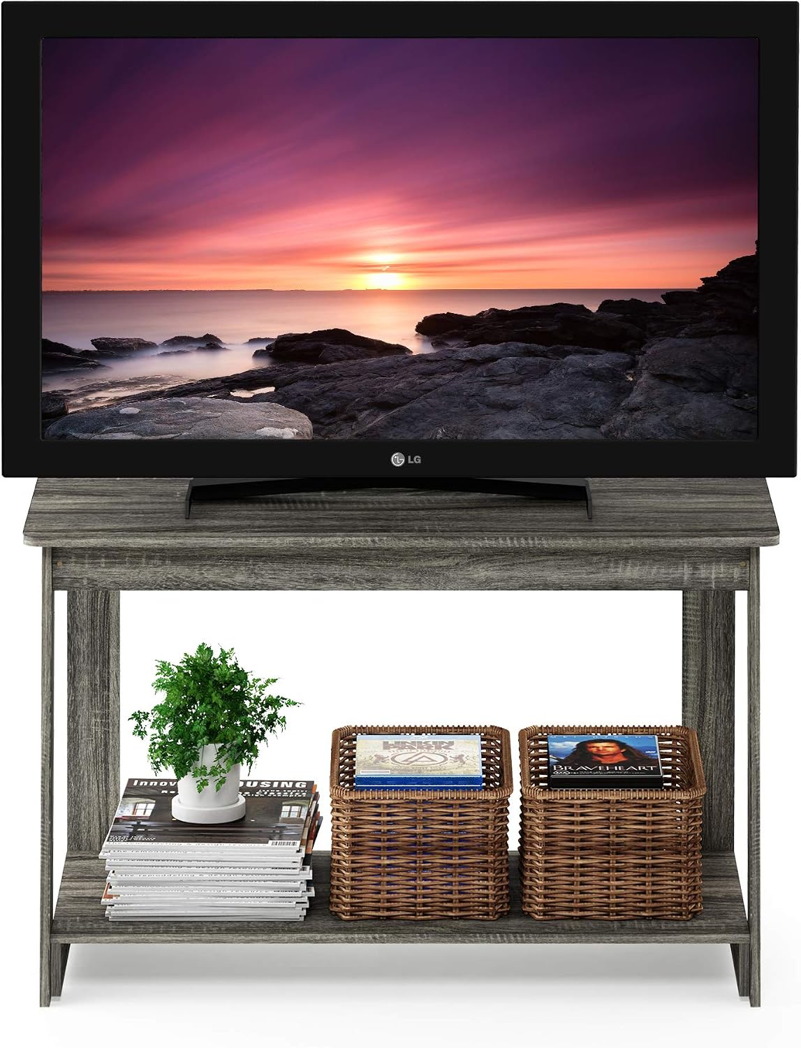 Furinno Beginning TV Stand, 2-Tier Rectangular Entertainment Center with Shelf, TV Console for TV up to 36 Inch, Open Back, for Living Room, Bedroom, French Oak
