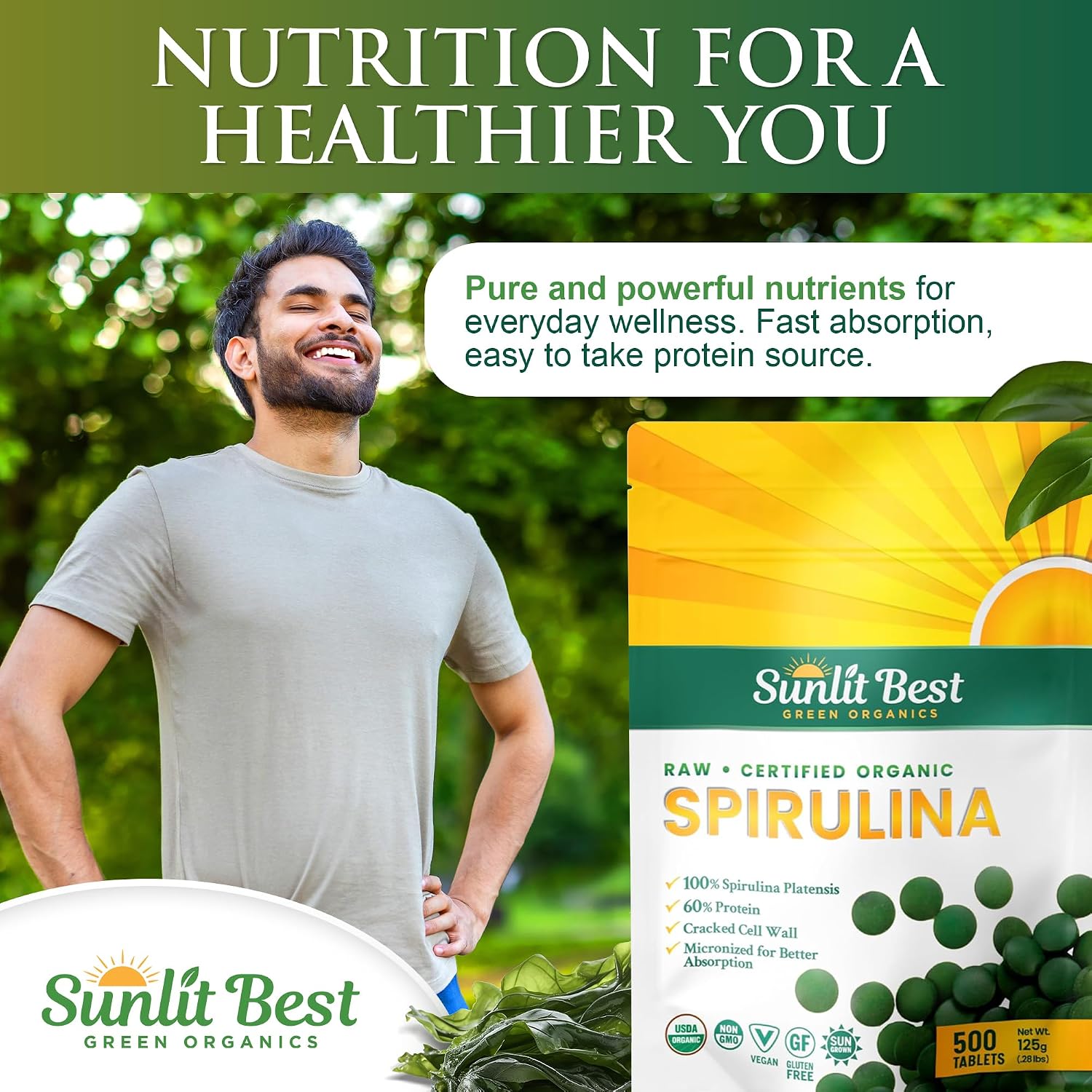 Sunlit Best Organic Spirulina Tablets, Pure Natural Superfood Pills 1000 CT | USDA Certified, 60% Vegan Protein, 18 Amino Acids, Chlorophyll Antioxidants Enzymes, Non GMO, Immune Liver & Energy Support