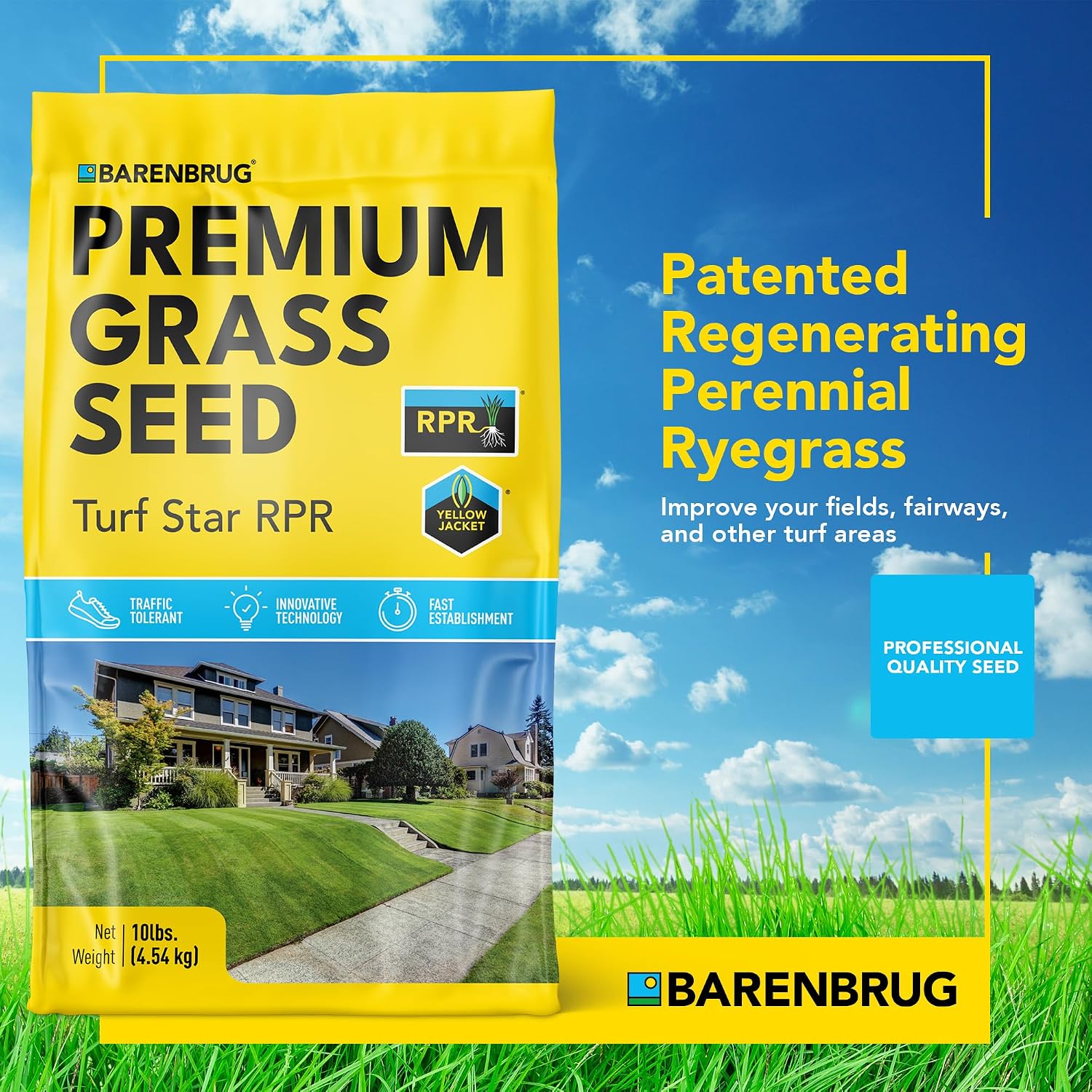 Barenbrug Turf Star Regenerating Perennial Ryegrass Lawn Seed with Yellow Jacket Seed Coating, Fast-Acting Durable Grass Seed Mix for Lawns