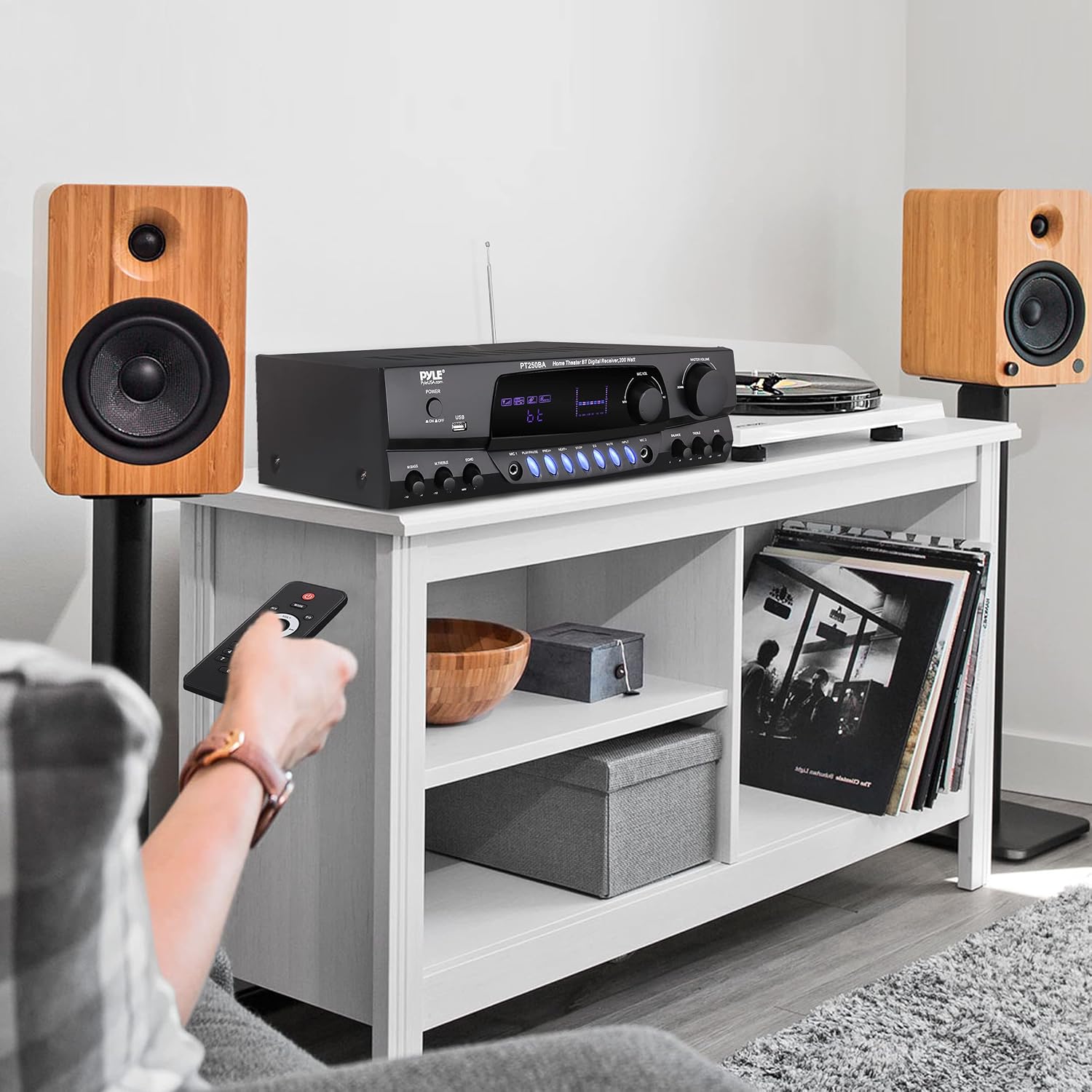 Pyle Home Stereo Amplifier with Bluetooth - 300 Watt Max 4 Channel Stereo Receiver with Easy Karaoke - Dual Mic In with EQ and Echo, USB-A and SD Card In, RCA In, RCA Out, LED Display - PT272AUBT