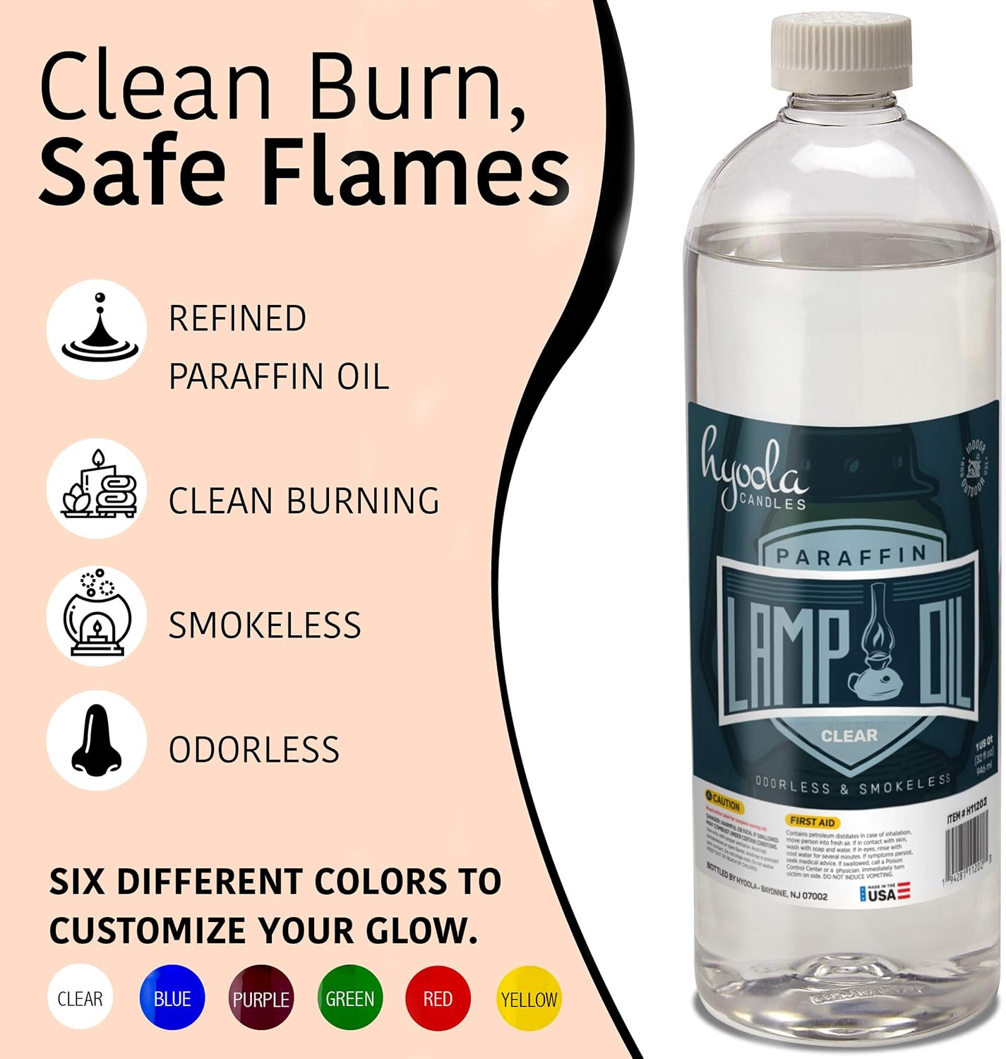 Hyoola Liquid Paraffin Lamp Oil - Clear Smokeless, Odorless, Ultra Clean Burning Fuel for Indoor and Outdoor Use - Highest Purity Available - 32oz