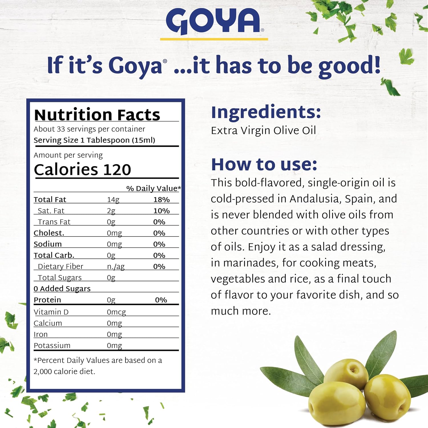 Goya Extra Virgin Olive Oil, Polyphenol Rich, Pressed, Pack of 2, 34 fl oz | Cold Pressed, Evoo Extra Virgin Olive Oil for Cooking, Polyphenol Rich