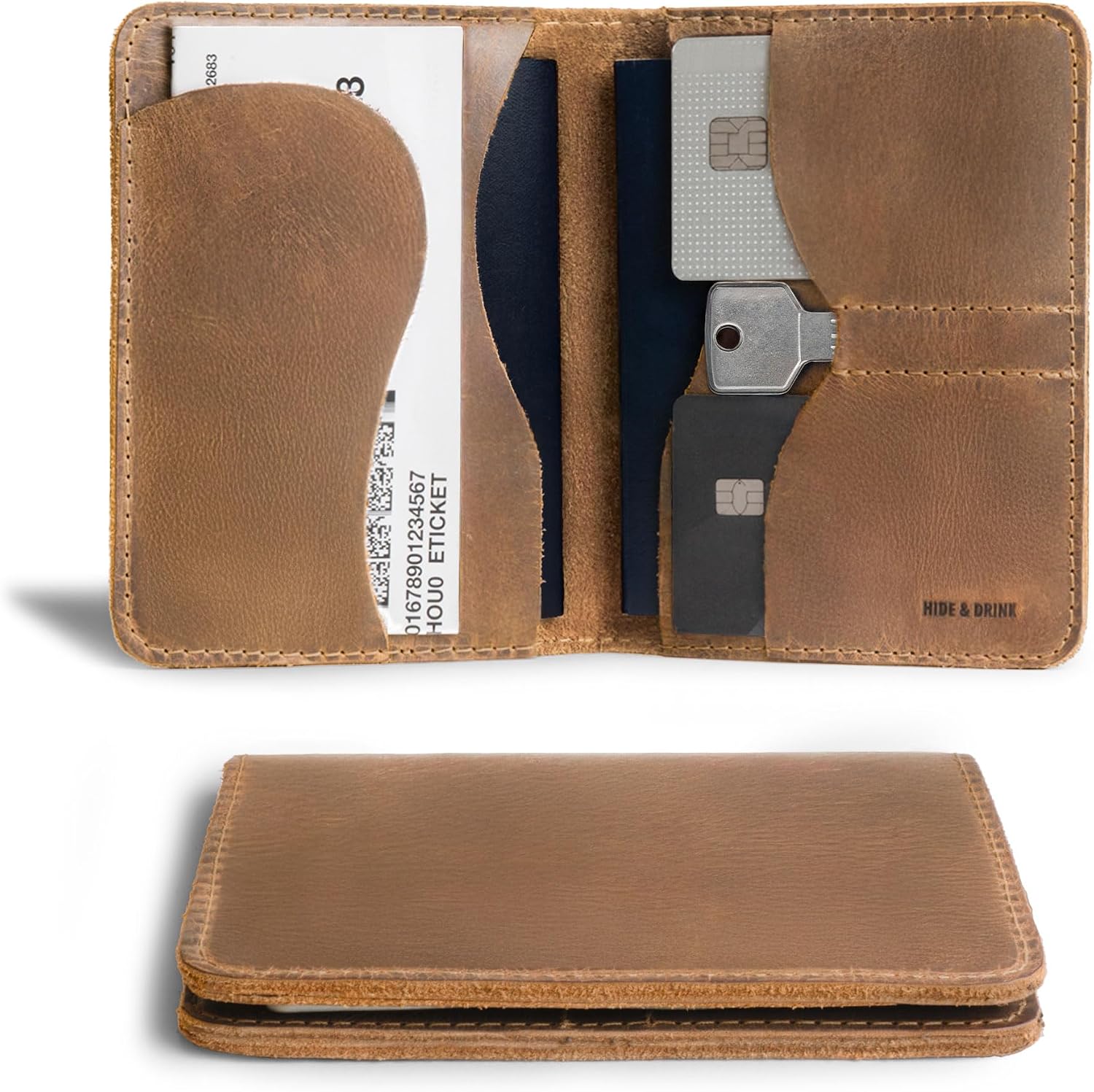 Hide & Drink, Double Passport Cover with Slots for Bills and Keys, Rustic Case, ID Organizer, Full Grain Leather, Handmade Accessories, Bourbon Brown