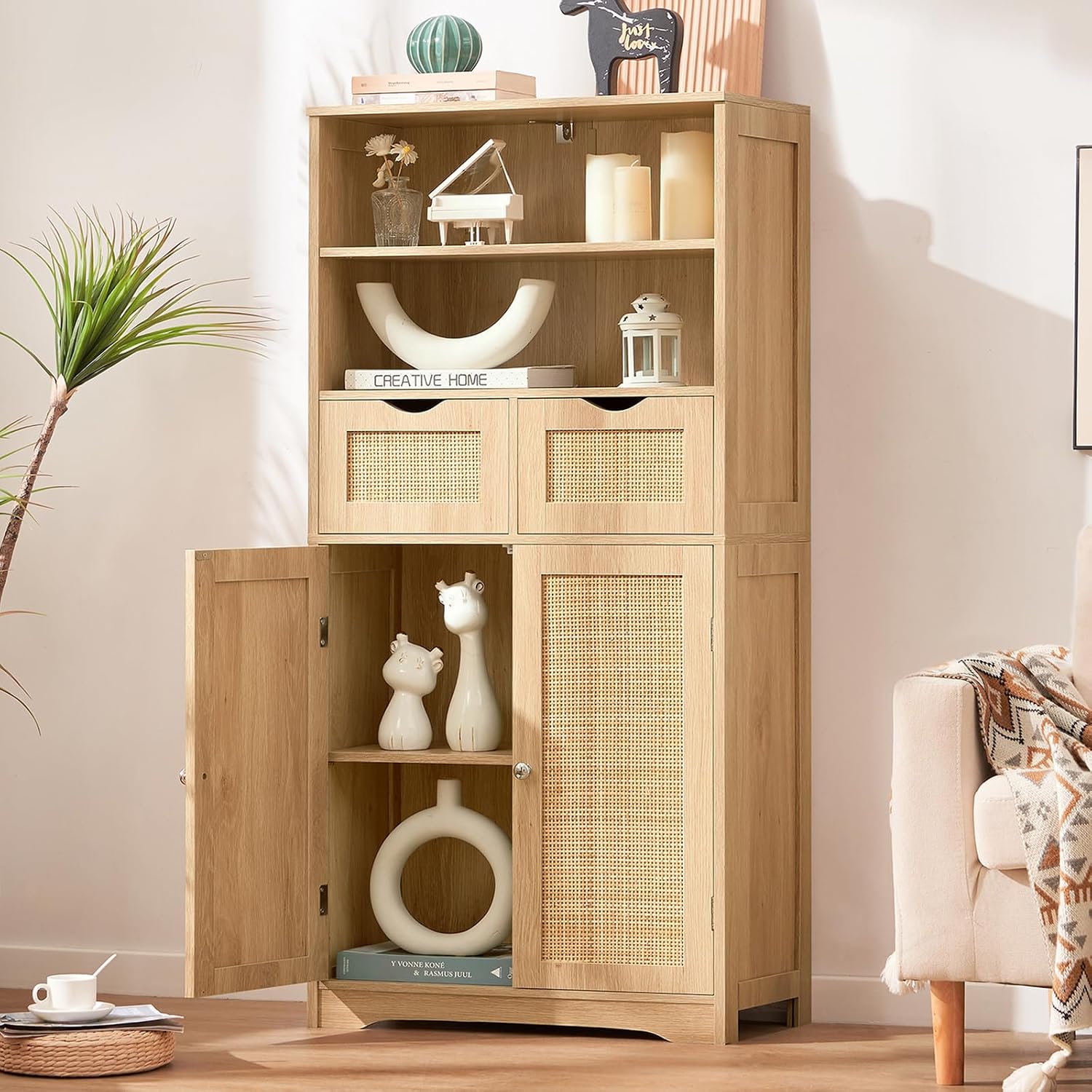 Iwell Storage Cabinet with 2 Drawers & Adjustable Shelves, Cupboard, Floor Cabinet for Living Room, Home Office, Rustic Brown