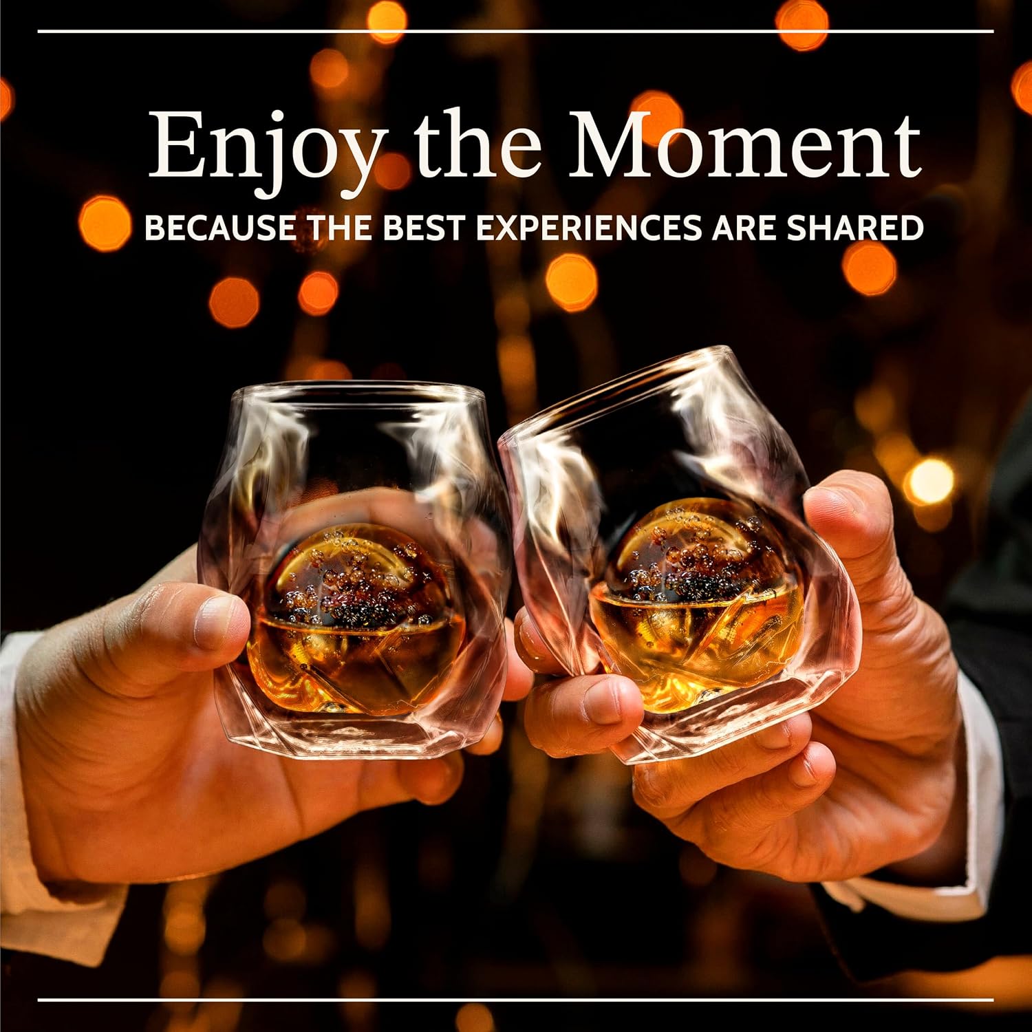 JAMES BENTLEY JB Whiskey Glasses, Set of 2 + 2 Slow-Melting Ice Ball Molds | Hand-blown insulated 6oz double-wall borosilicate glass, bourbon