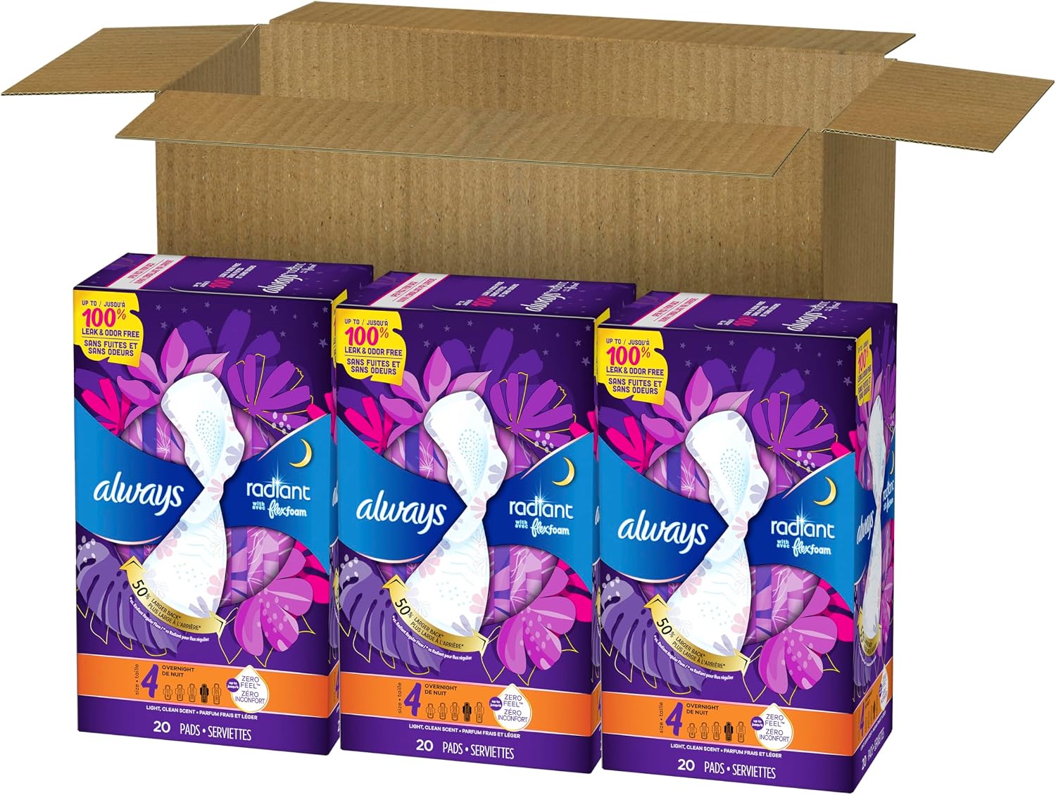 Always Radiant Feminine Pads for Women, Flexfoam Pads with Wings, Size 4, Overnight Absorbency, Lightly Scented, 60 Count (3 Packs of 20)