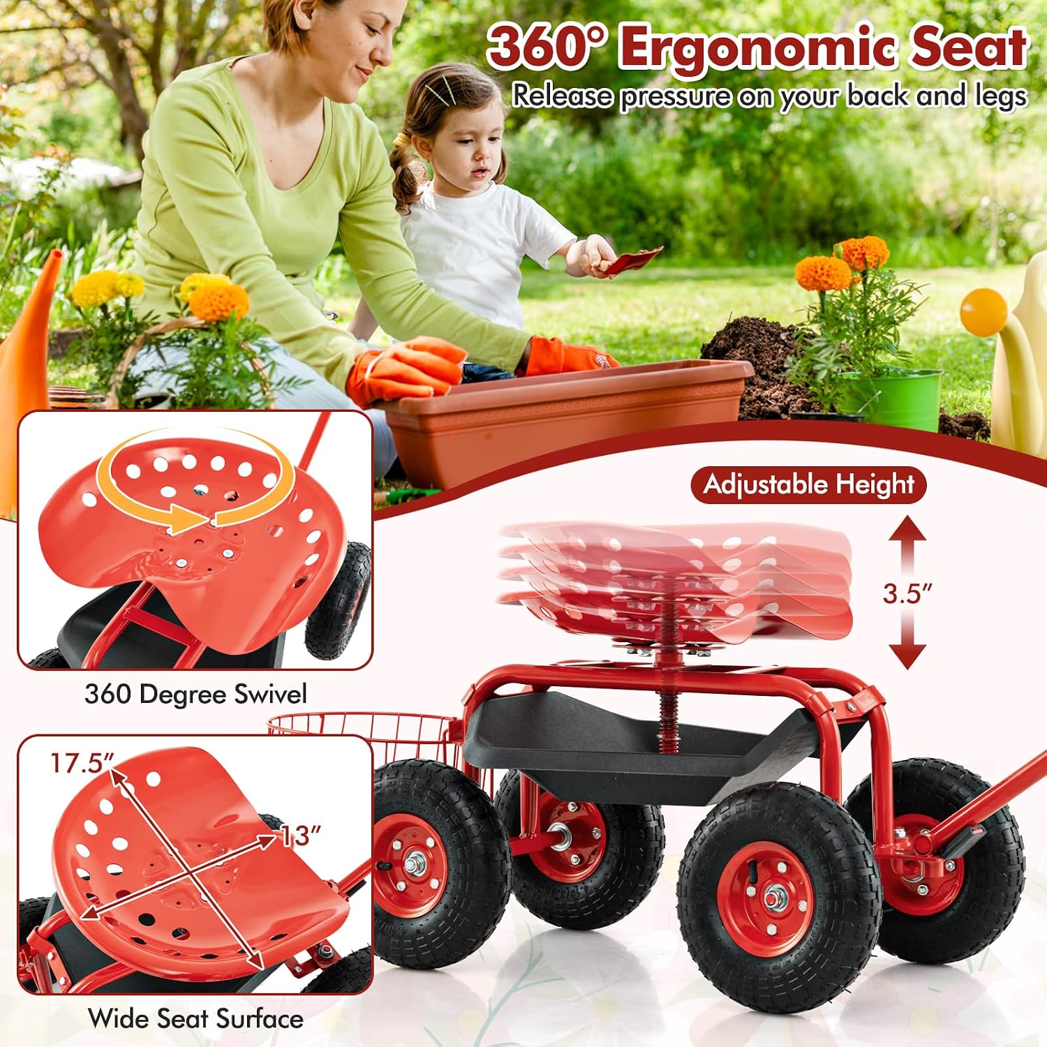 Goplus Rolling Garden Cart with Seat, Outdoor Garden Stool with Wheels, Tool Tray & Basket, Adjustable Steering Handle