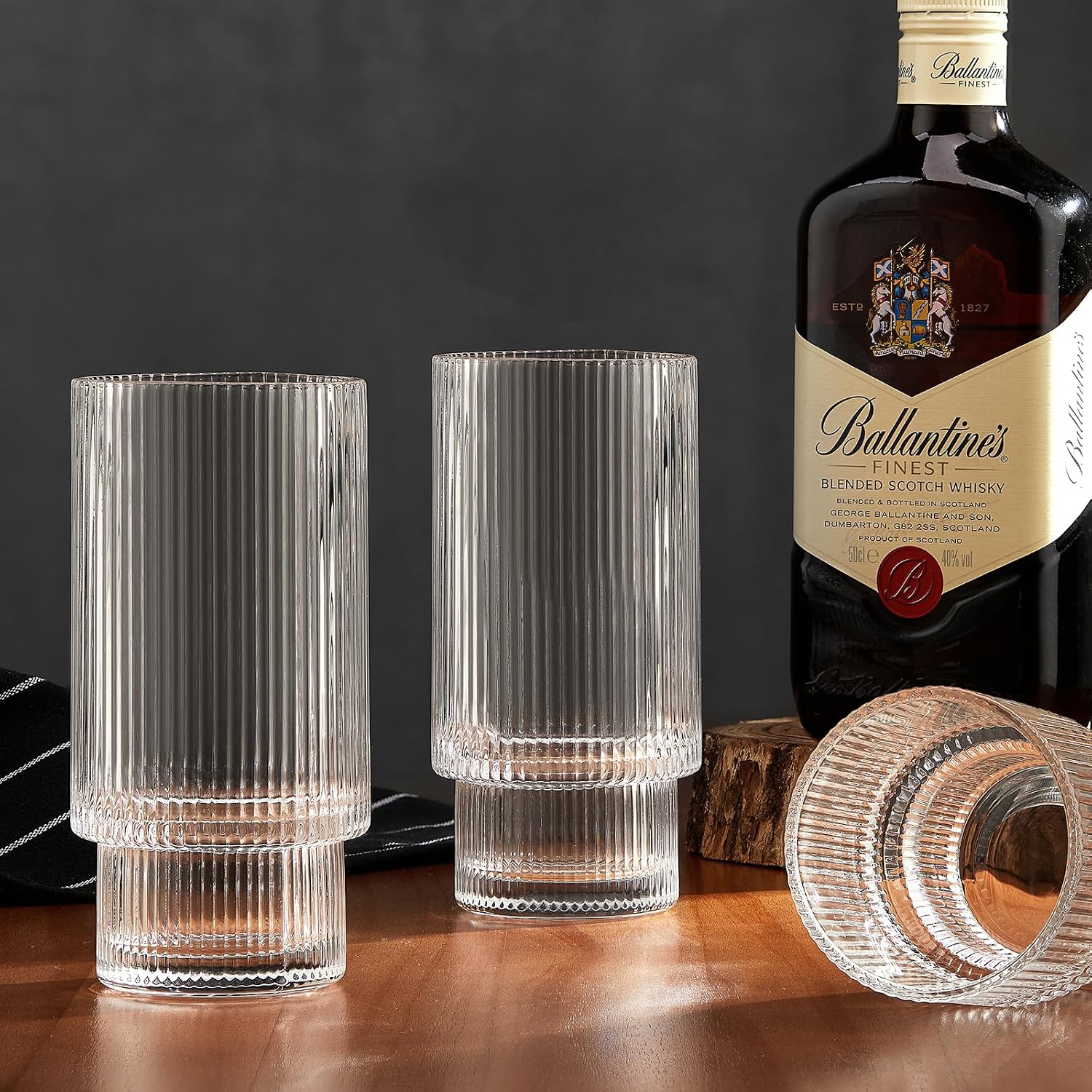 Qipecedm® 6 Pack Ribbed Drinking Glasses, 16 oz Vintage Glass Cups, Highball Glasses, Premium Iced Coffee Glasses, Clear Glass Tumbler