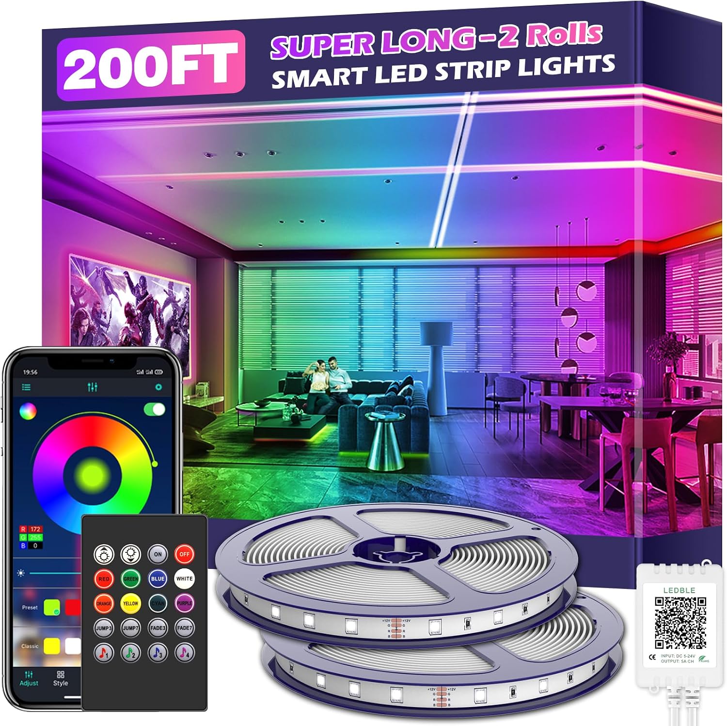 100ft Led Strip Lights, Long Smart Led Light Strips Music Sync 5050 RGB Color Changing Rope Lights