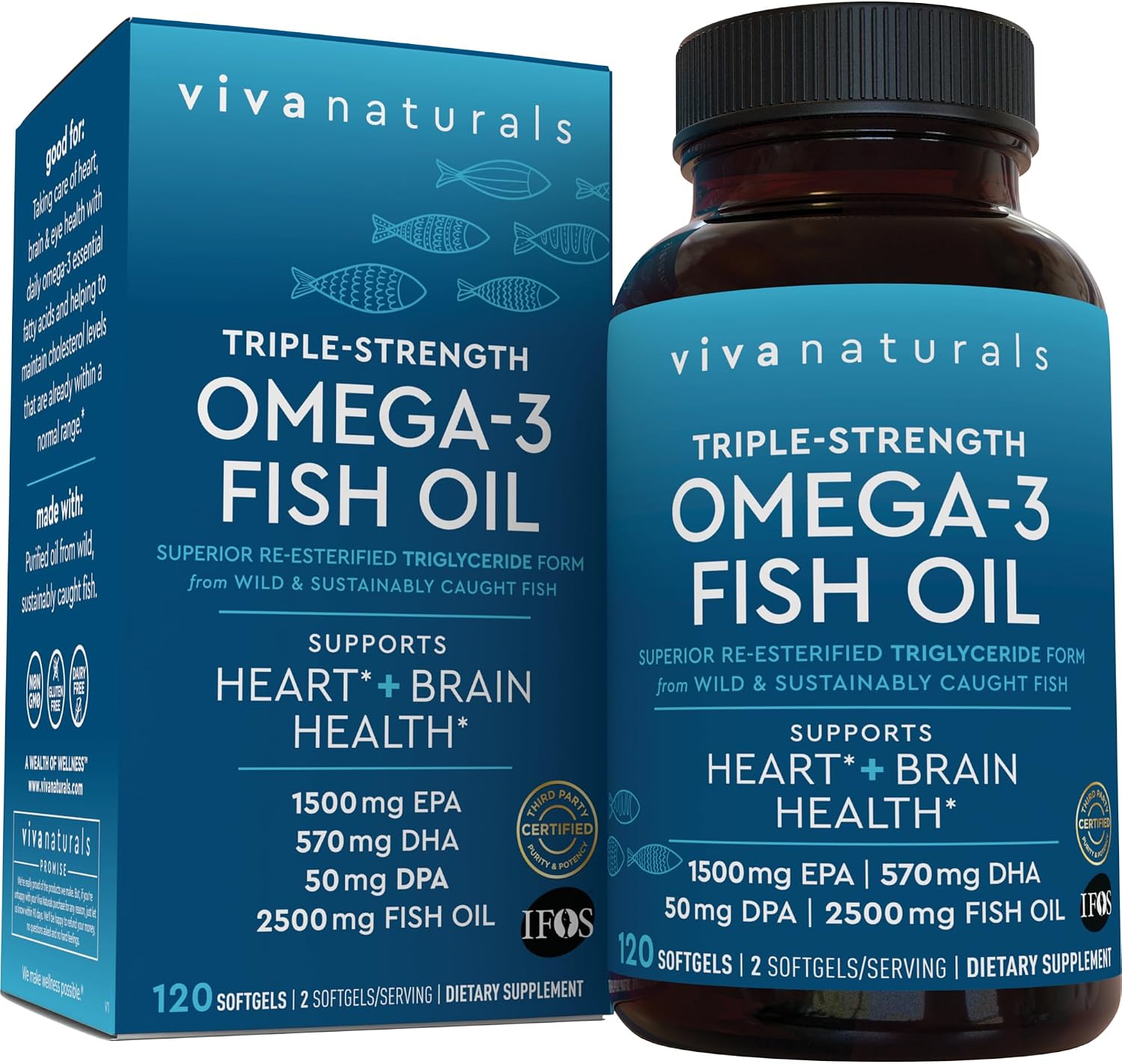 Viva Naturals Triple Strength Omega 3 Fish Oil Pills – 2500 mg High-Potency Formula with 2250 mg Omega 3 Fatty Acids (Including EPA, DHA, DPA) in rTG Form for Absorption – IFOS Certified, 90 Softgels
