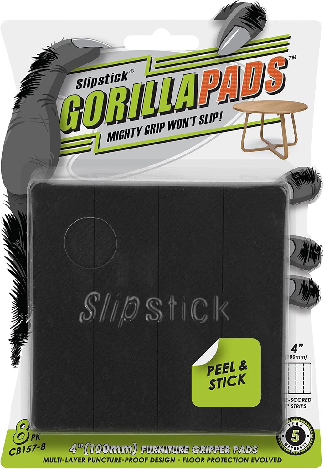 Slipstick GorillaPads CB149 Non-Slip Furniture Pads/Rubber Grippers (Set of 8) Self-Adhesive Furniture Feet Floor Protectors, 1-1/2 inch Round, Black