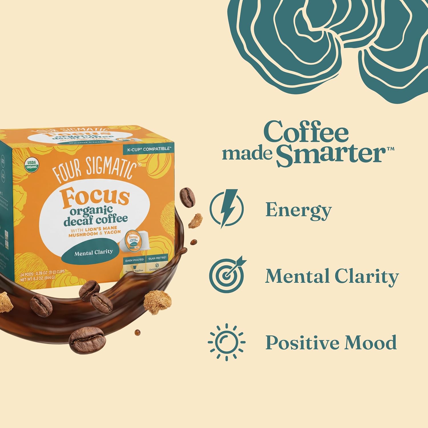Four Sigmatic Mushroom Coffee K-Cups | Organic Dark Roast Coffee with Lion’s Mane Mushroom Powder & Yacon | Focus & Immune Support | Vegan & Keto