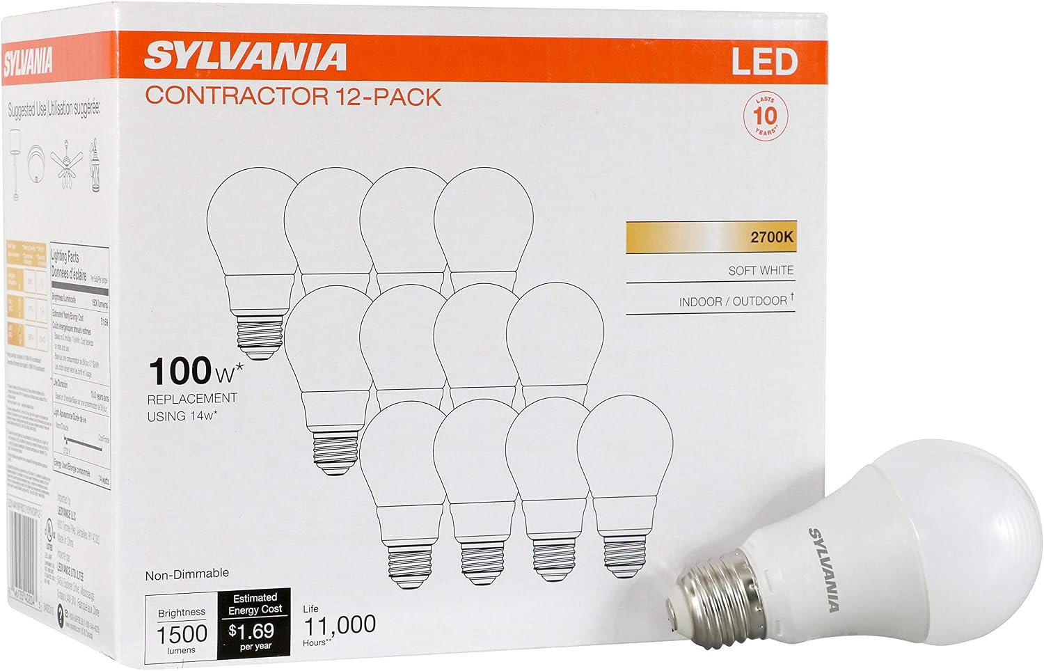Sylvania LED A19 Light Bulb, 100W = 14W, Non-Dimmable, Frosted Finish, 1500 Lumens, 2700K, Soft White - 4 Pack (78101)