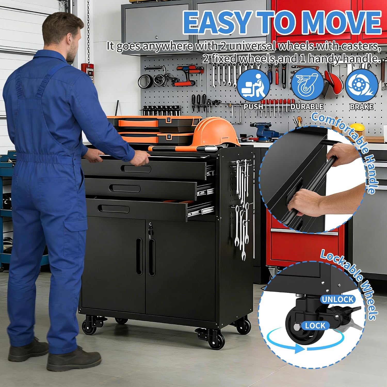 Metal Storage Cabinet for Garage, Tool Cabinet, Utility Cabinet | Wheeled, Rolling Tool Cabinet, 6 Drawers, Top Countertop, Pegboard, Assembly Required, Black