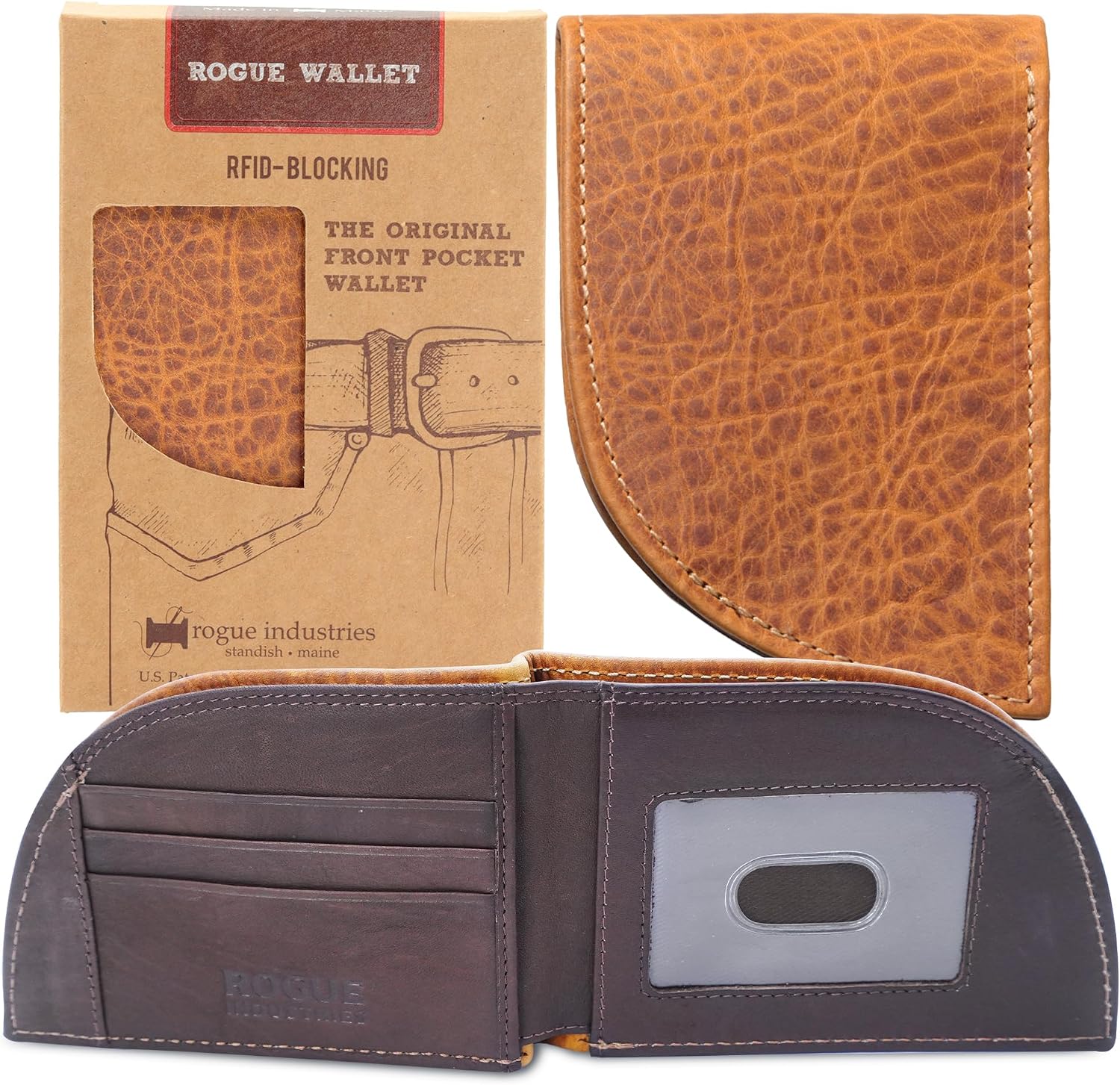 Genuine Bison Leather Wallet for Men, RFID Slim, Brown | Genuine bison leather wallet for men with RFID blocking and curved front pocket fit. Rugged slim everyday carry, brown.