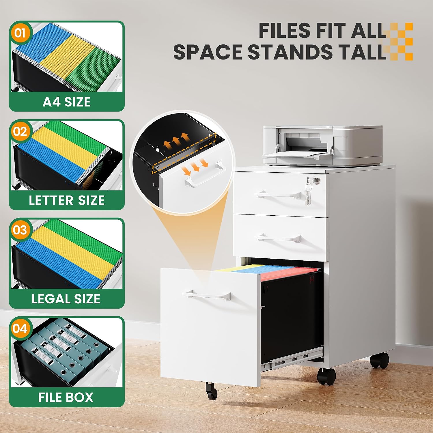3 Drawer File Cabinet with Lock,Mobile Lateral Filing Cabinet with Side Hook for Letters/Legal/A4, Metal Printer Stand Storage Cabinets with Shelves for Home Office(Black)