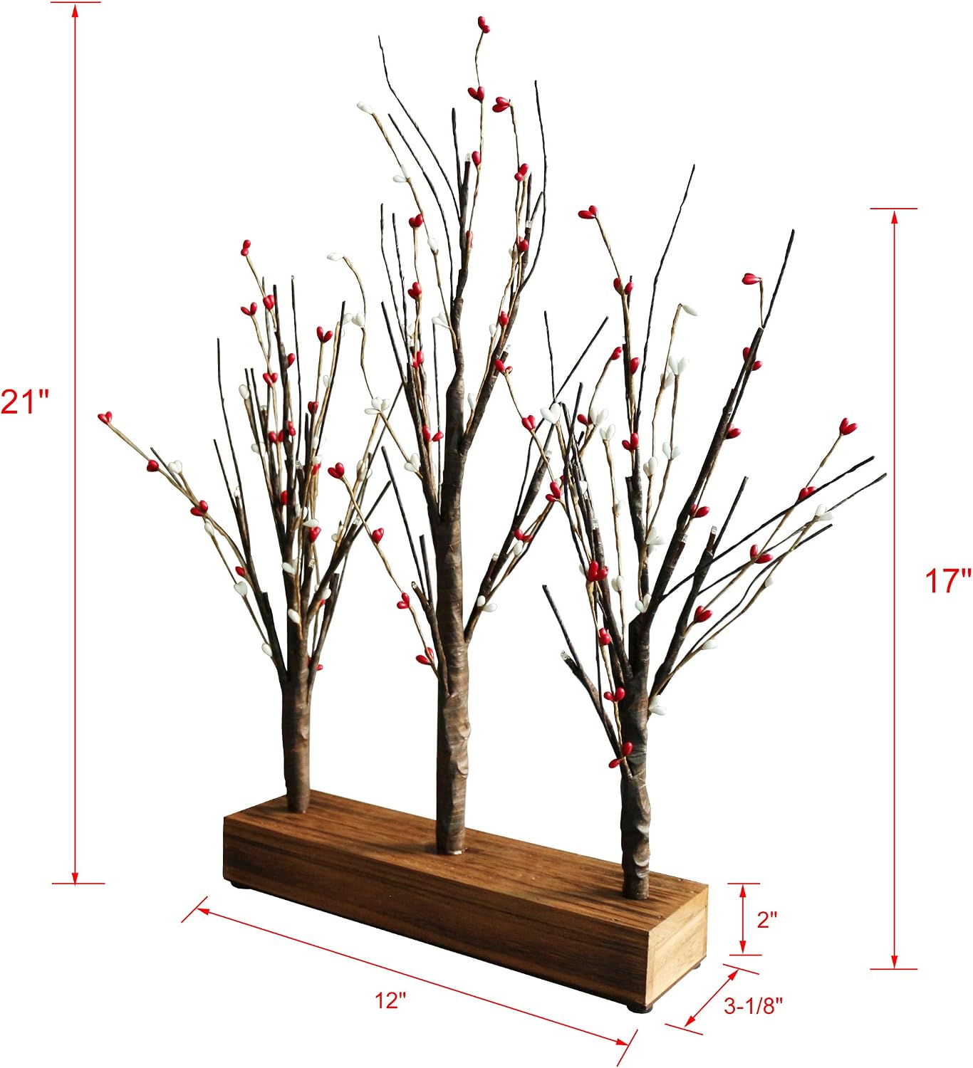 Battery Operated w/Timer Illuminated Pip Berry Tree Centerpiece Lighted Three Trees Tabletop LED Lights, for Home/Party/Wedding/Festival/Indoor Decoration, 21-Inch