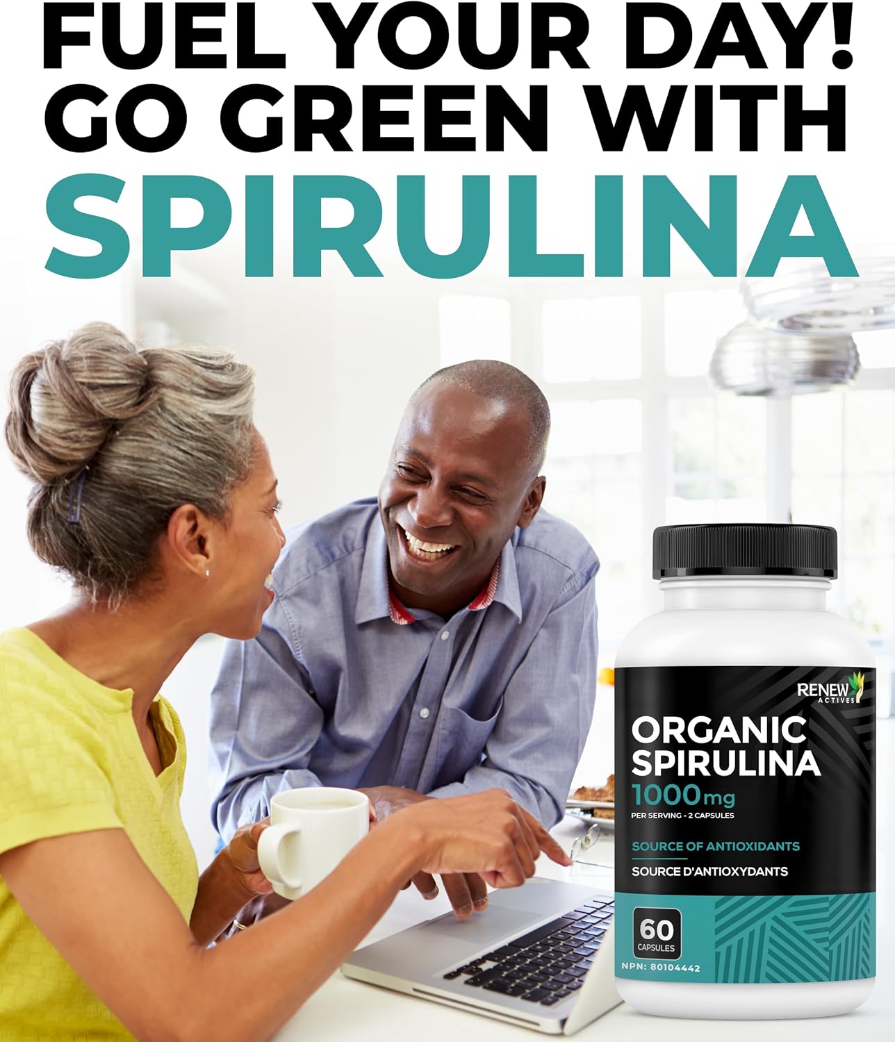 Renew Actives Organic Spirulina 1000MG per 2 Capsules – Superfood for Men & Women – Supports Energy