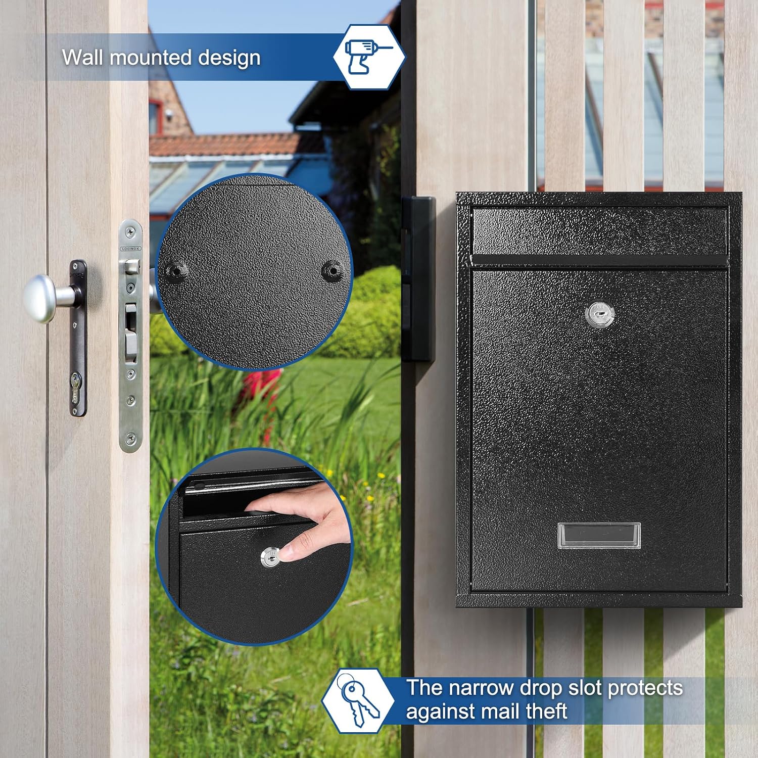 KYODOLED Mailbox for Outside, Wall Mount Locking Mailbox, Security Drop Box with Key Lock for Letters, Cash, Cards, Steel Mail Box for House Office School, 12.4H x 8.54L x 3.35W Inches, Black